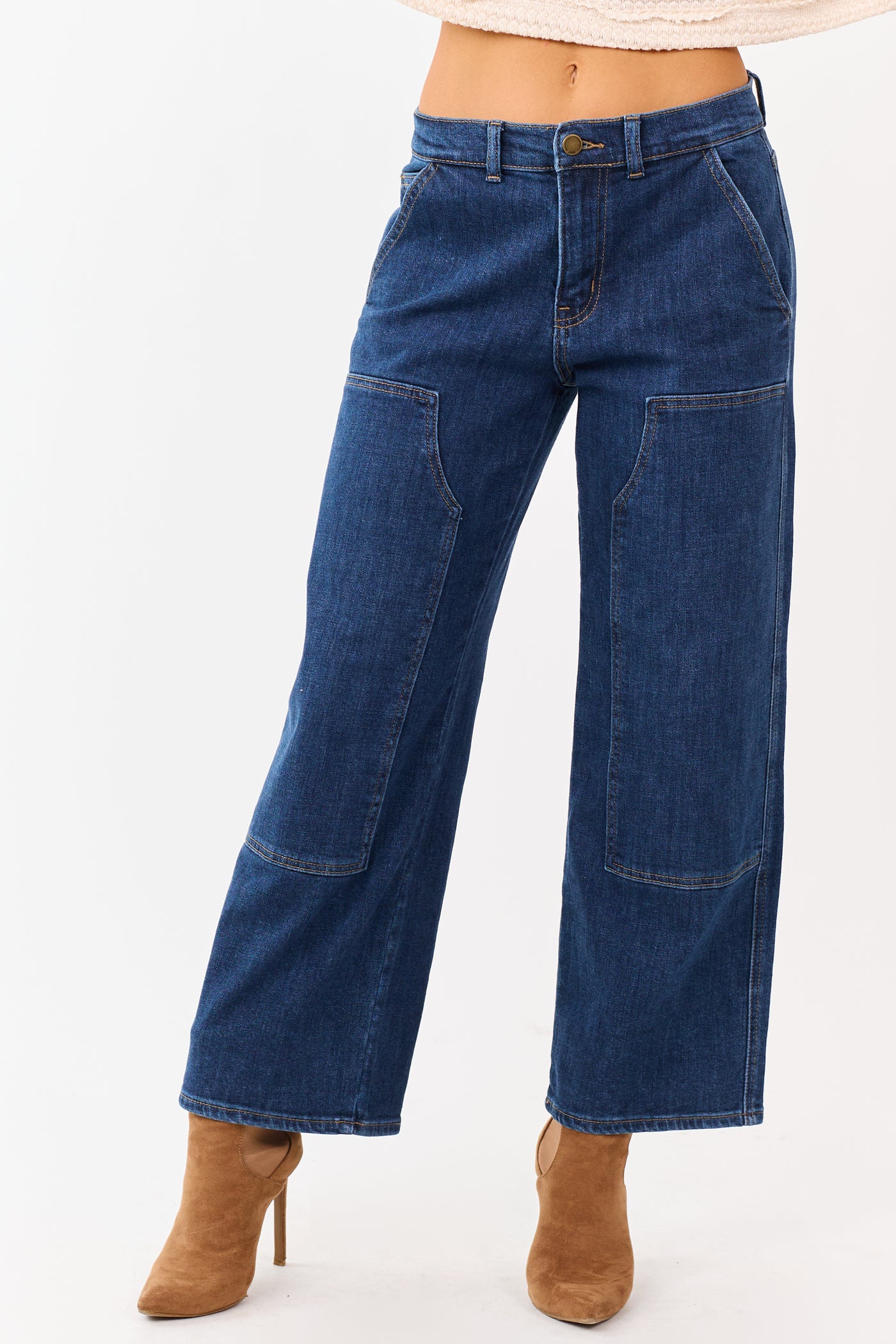 Dark Wash Patch Detail Stretchy Wide Leg Jeans
