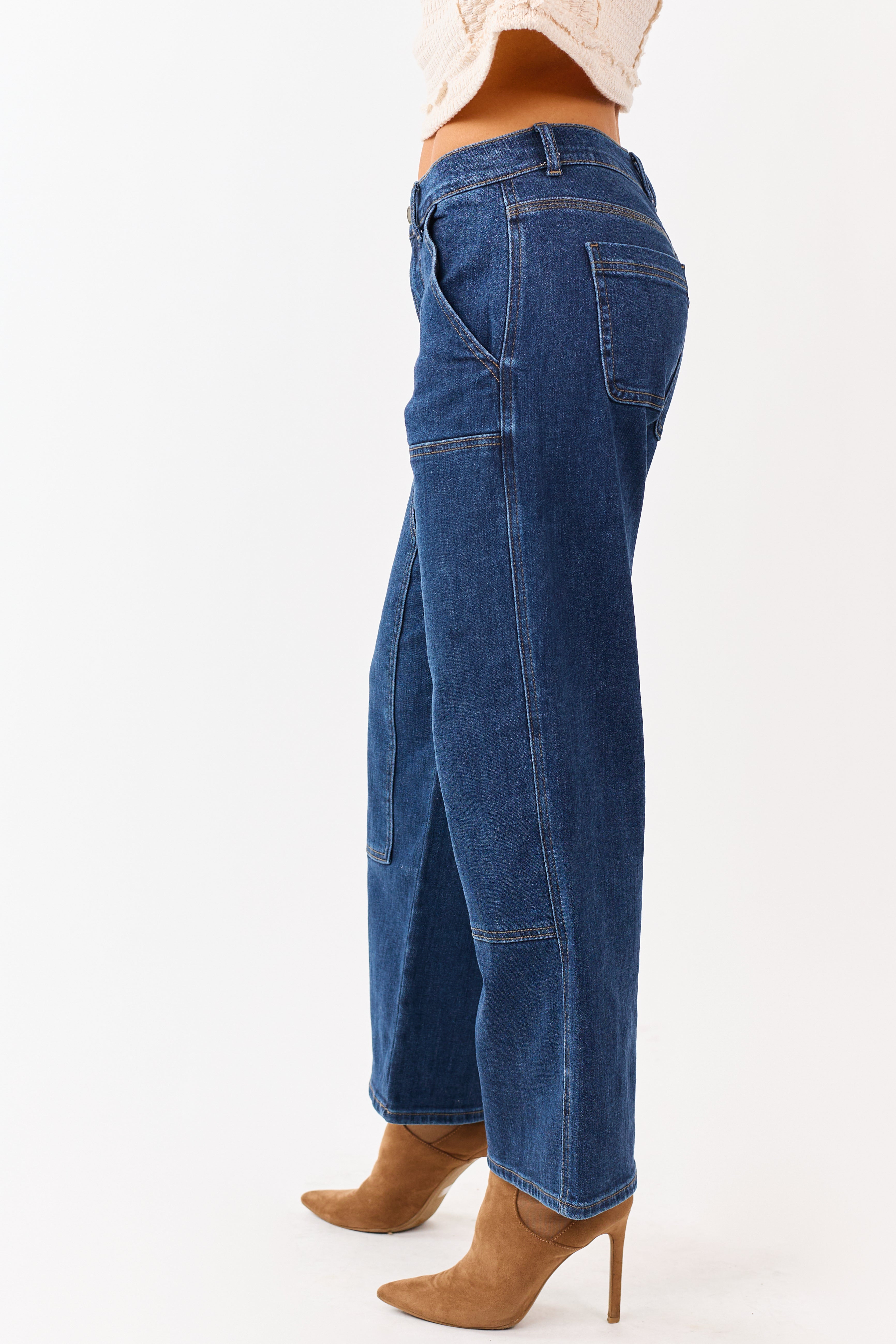 Dark Wash Patch Detail Stretchy Wide Leg Jeans