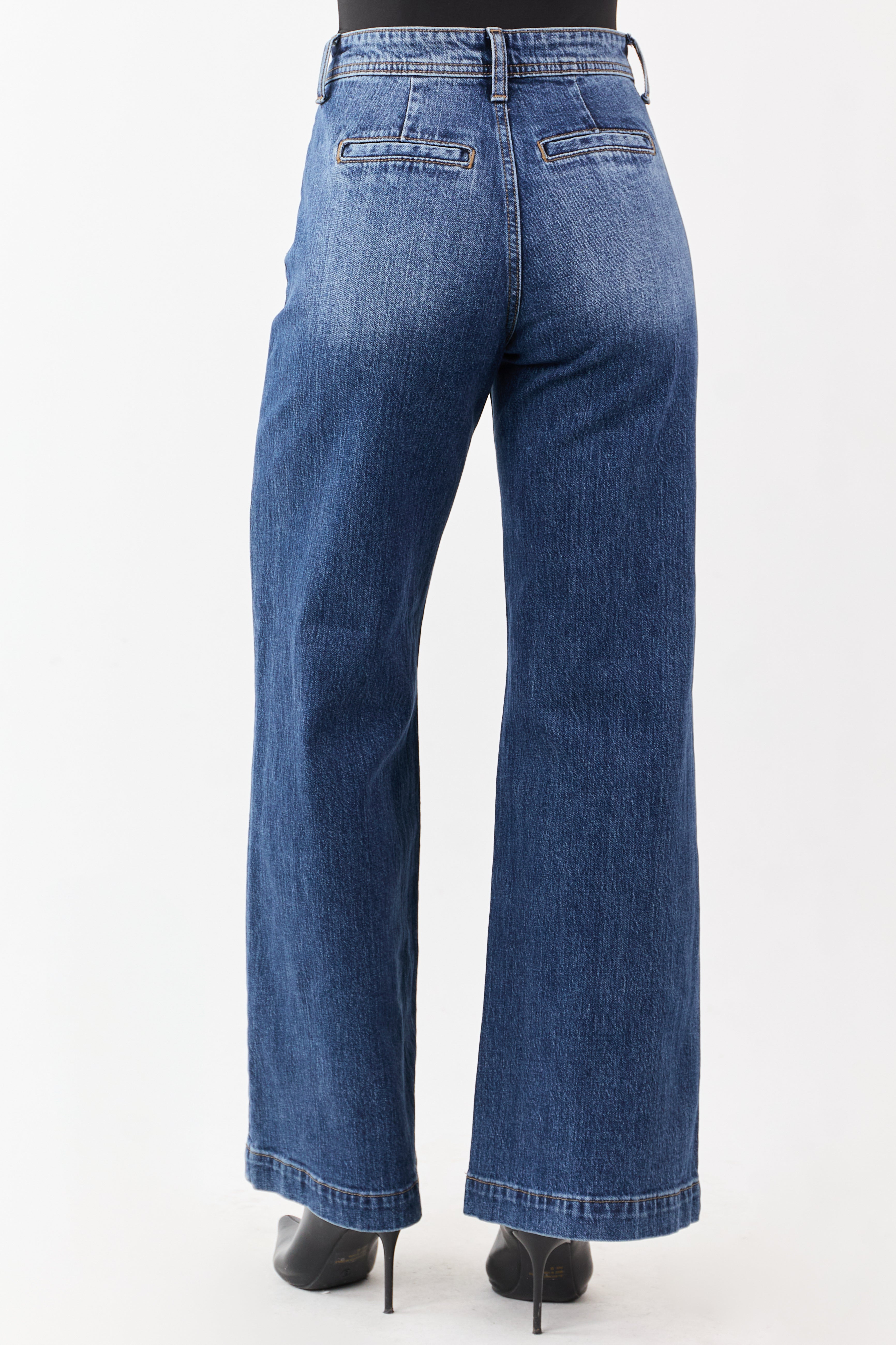 Dark Wash Patch Pocket High Rise Wide Leg Jeans