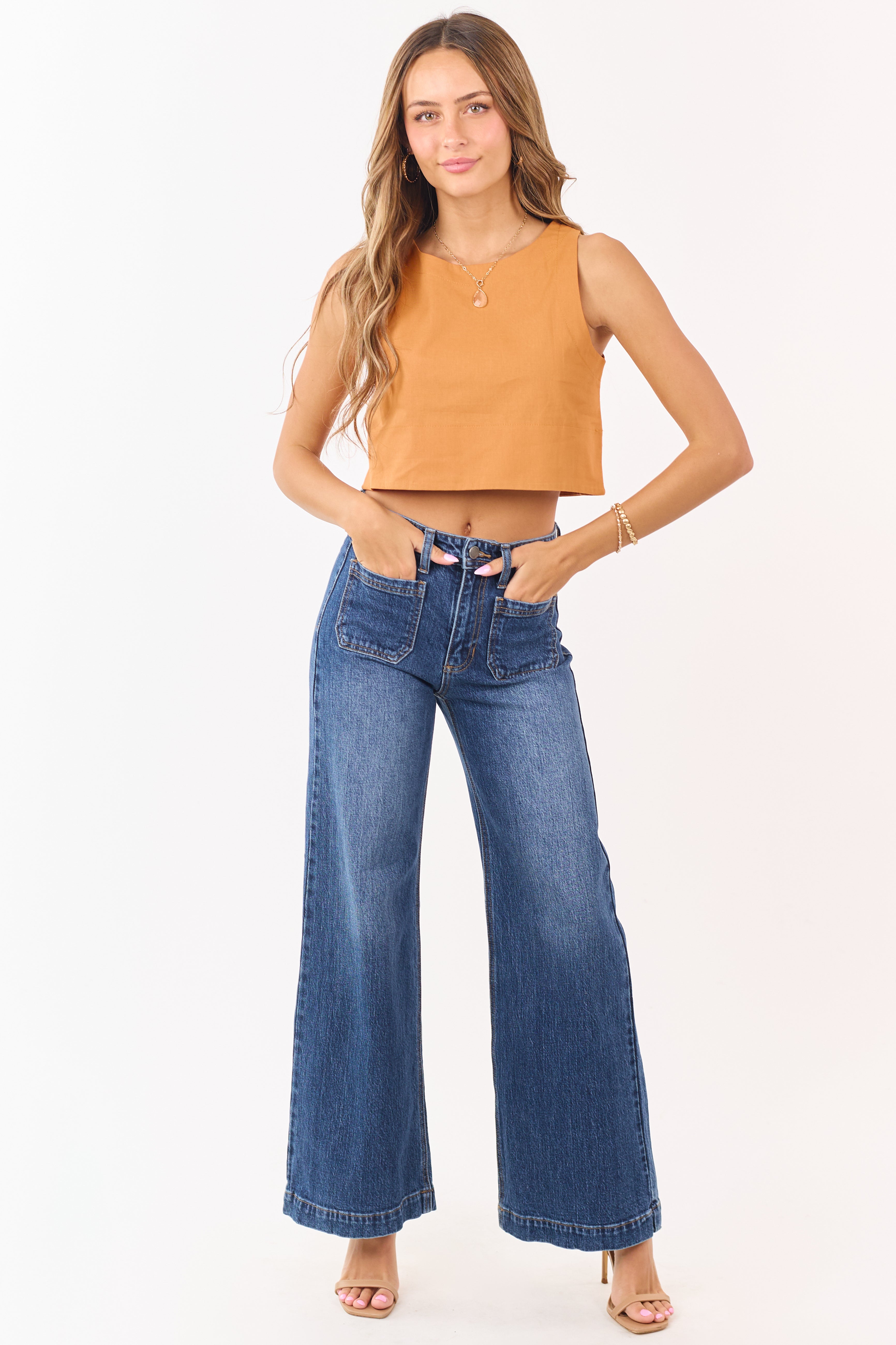 efu HIGH WAIST SLIM WIDE DENIM エフ Dark Wash Patch Pocket High Rise Wide Leg Jeans | Lime Lush Boutique