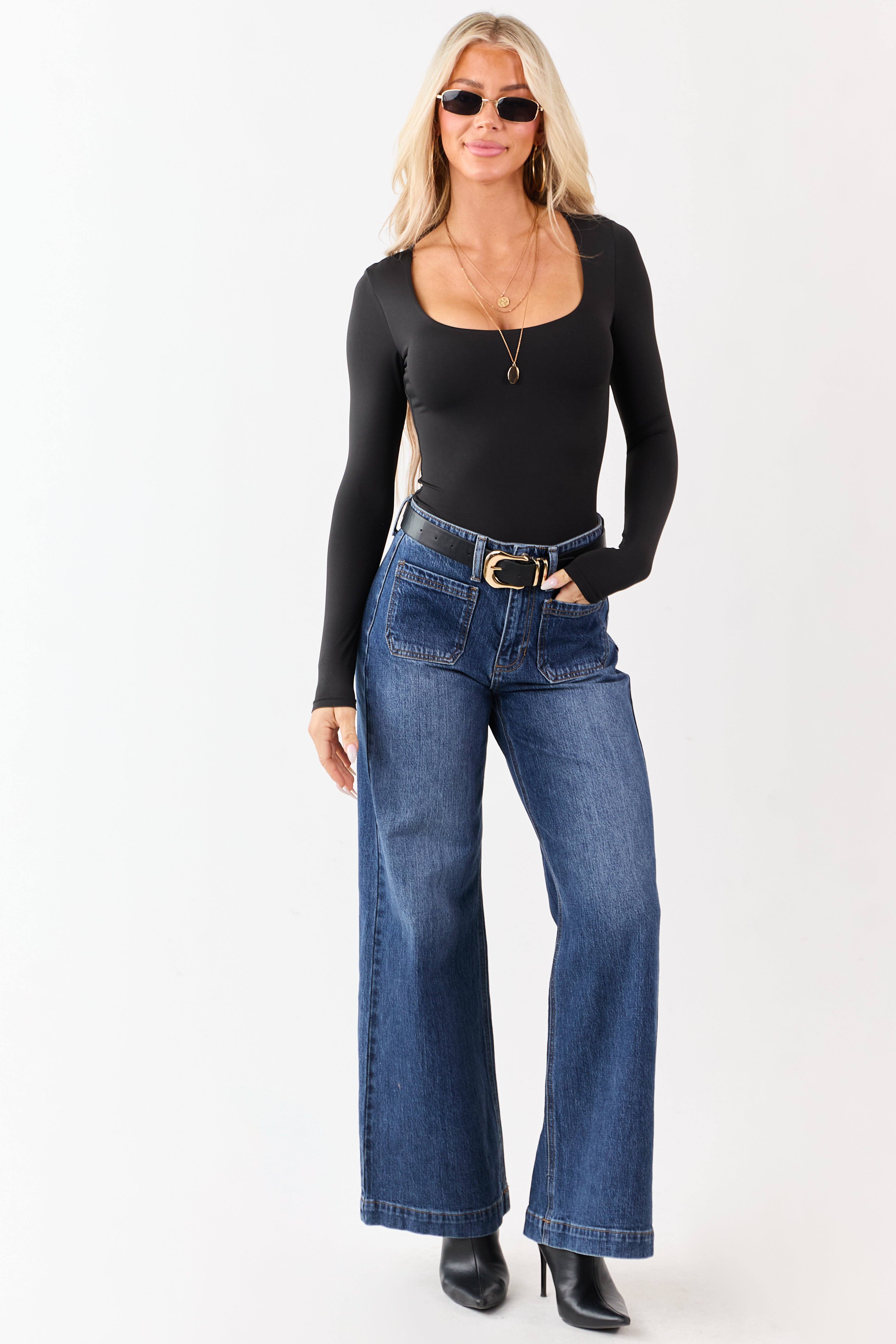 Dark Wash Patch Pocket High Rise Wide Leg Jeans