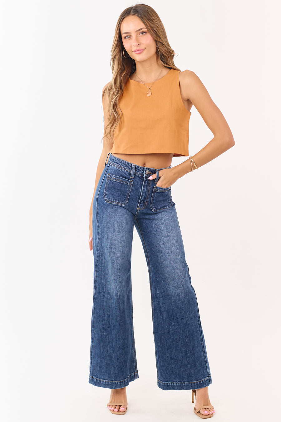 Dark Wash Patch Pocket High Rise Wide Leg Jeans