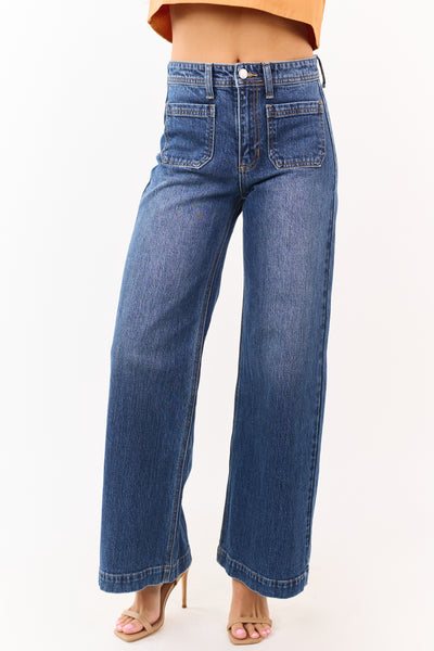 Dark Wash Patch Pocket High Rise Wide Leg Jeans