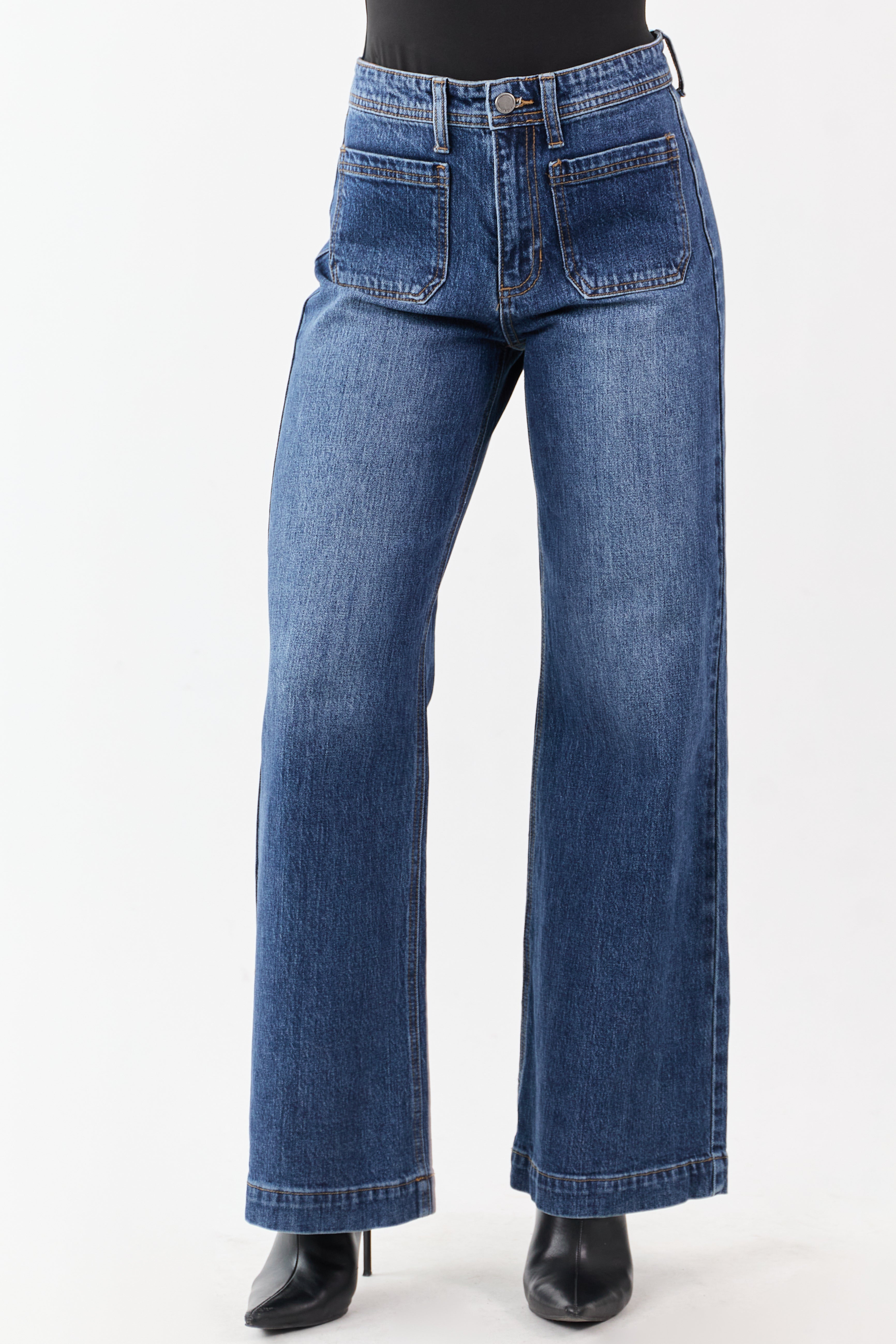 Dark Wash Patch Pocket High Rise Wide Leg Jeans