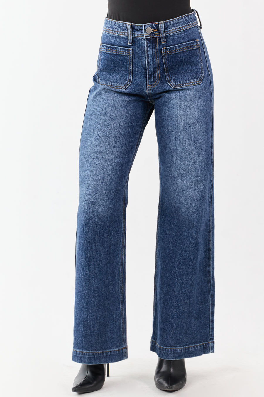 Dark Wash Patch Pocket High Rise Wide Leg Jeans