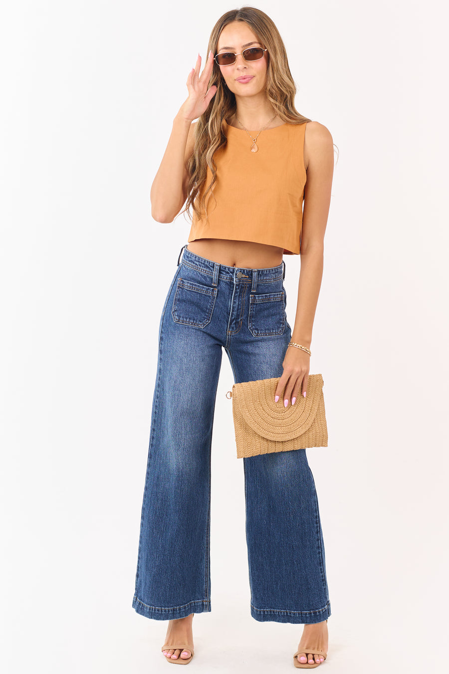 Dark Wash Patch Pocket High Rise Wide Leg Jeans
