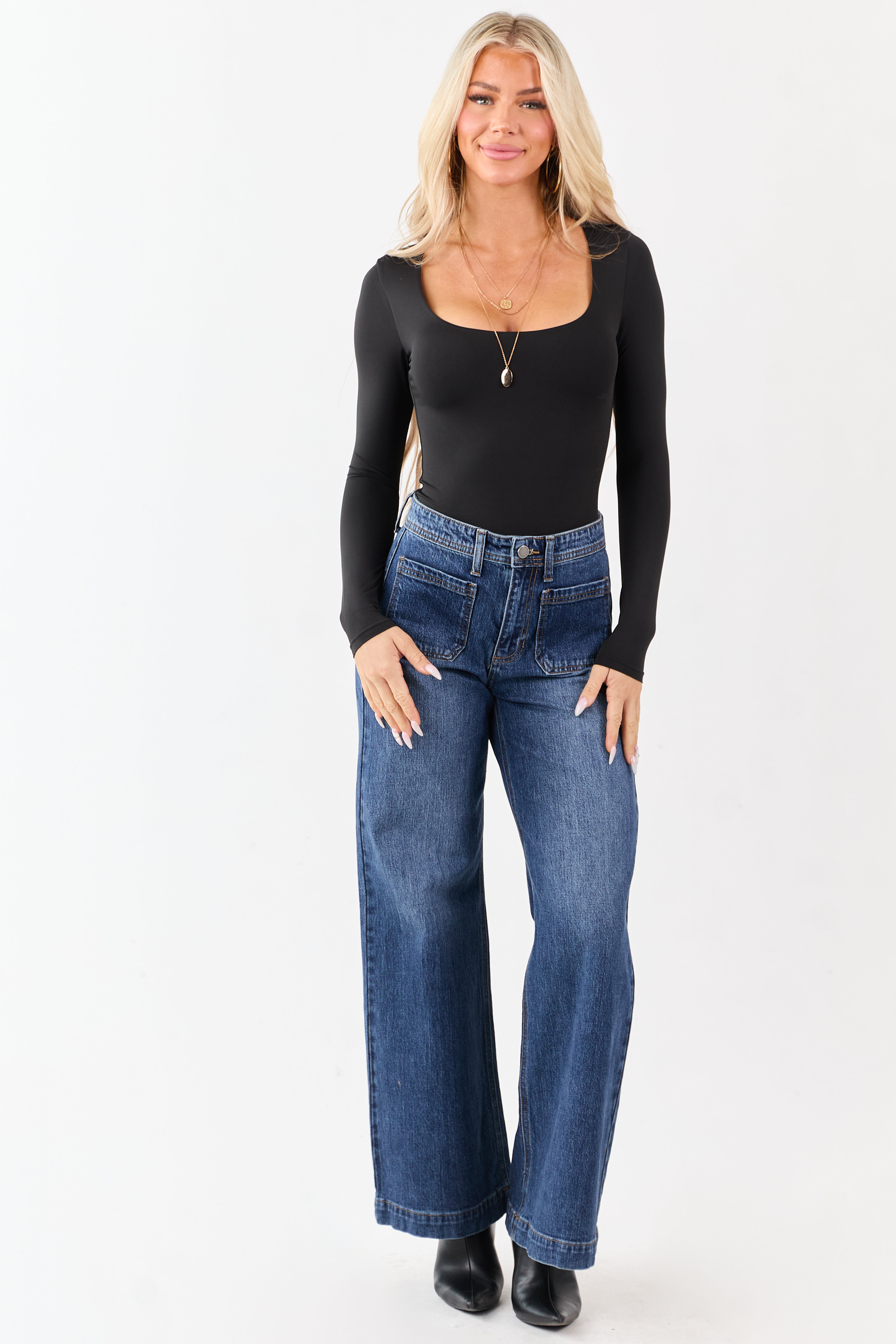 Dark Wash Patch Pocket High Rise Wide Leg Jeans