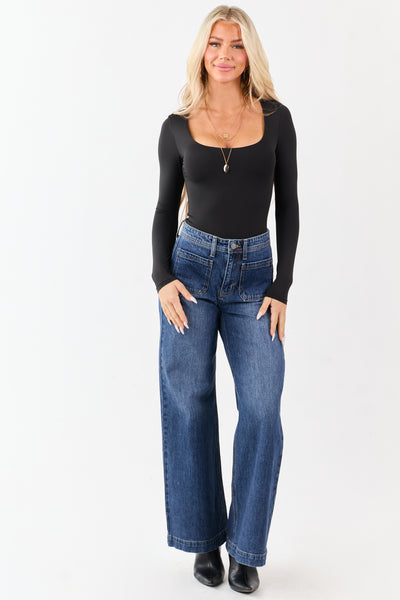 Dark Wash Patch Pocket High Rise Wide Leg Jeans