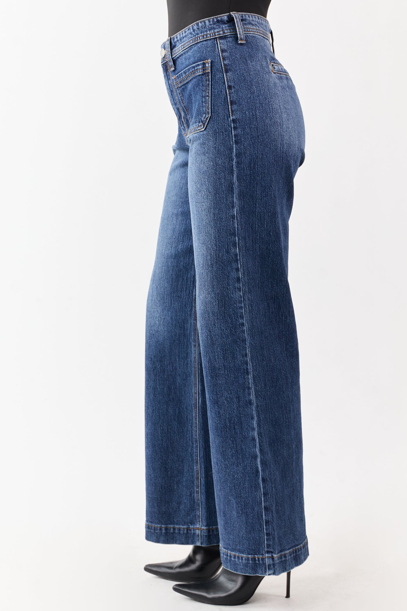 Dark Wash Patch Pocket High Rise Wide Leg Jeans