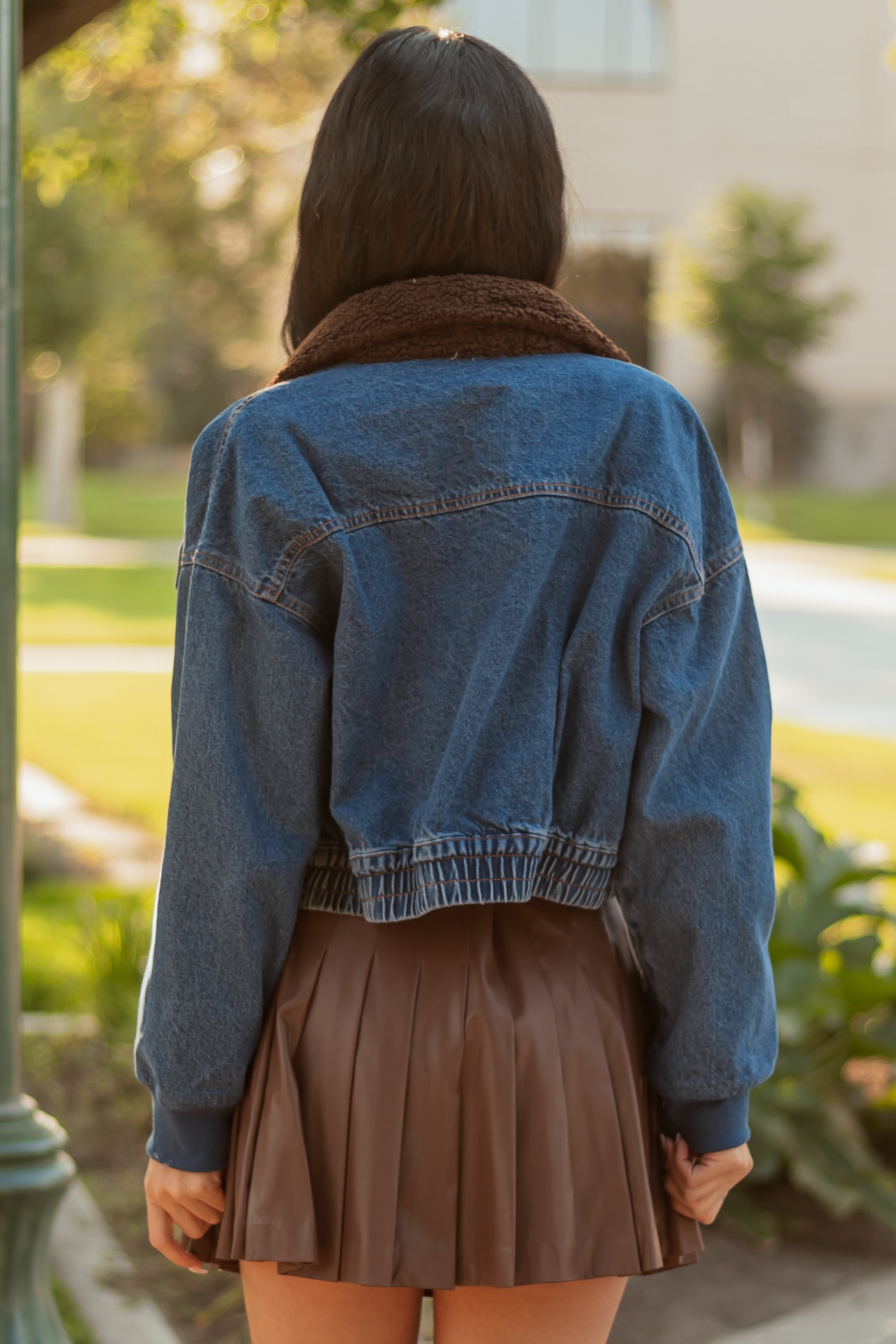 Dark Wash Sherpa Collar Denim Zip Up Bomber Jacket