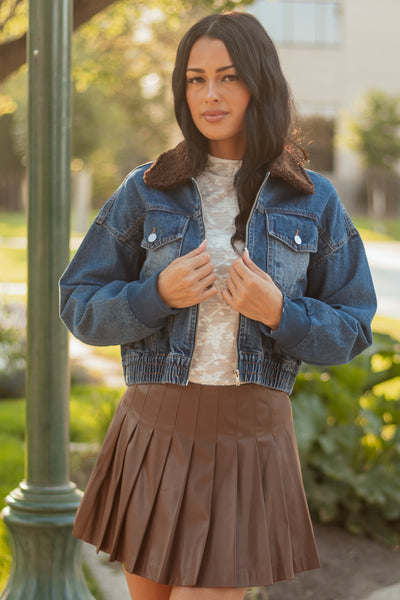 Dark Wash Sherpa Collar Denim Zip Up Bomber Jacket | Lime Lush
