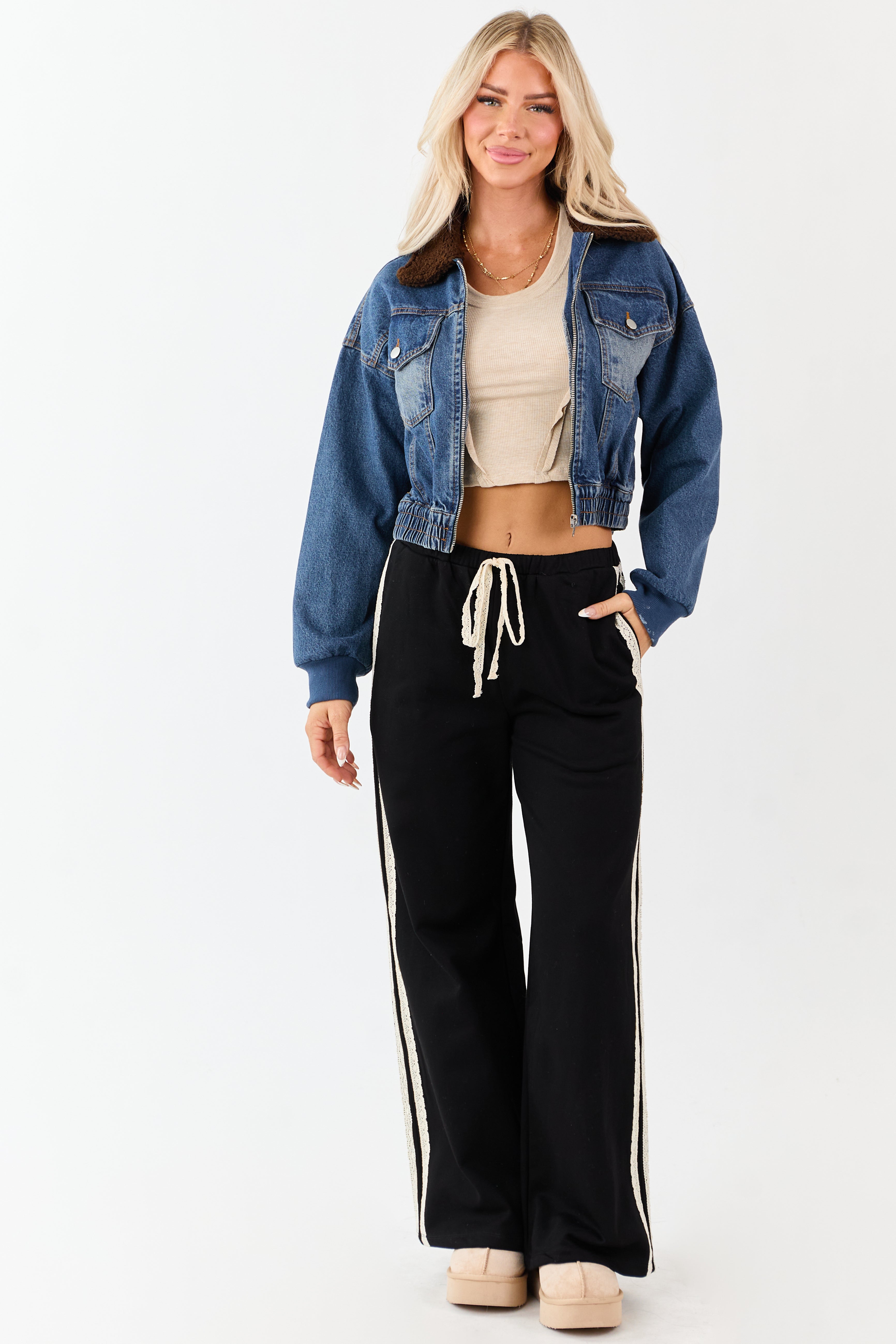 Dark Wash Sherpa Collar Denim Zip Up Bomber Jacket