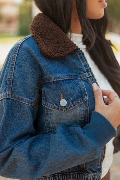 Dark Wash Sherpa Collar Denim Zip Up Bomber Jacket