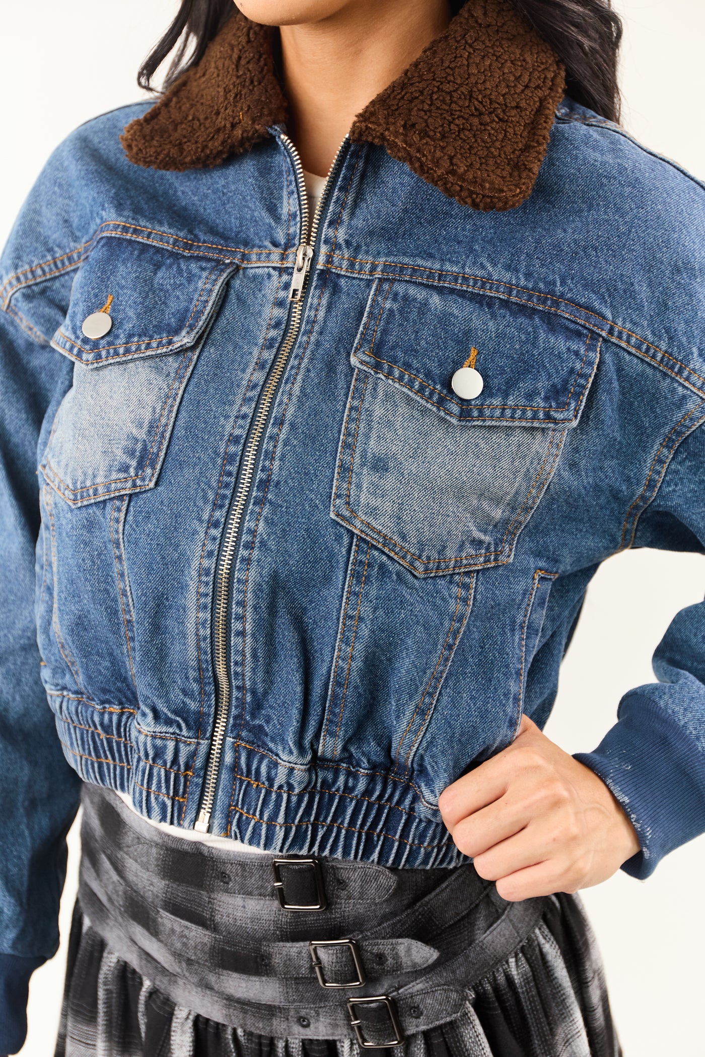 Dark Wash Sherpa Collar Denim Zip Up Bomber Jacket