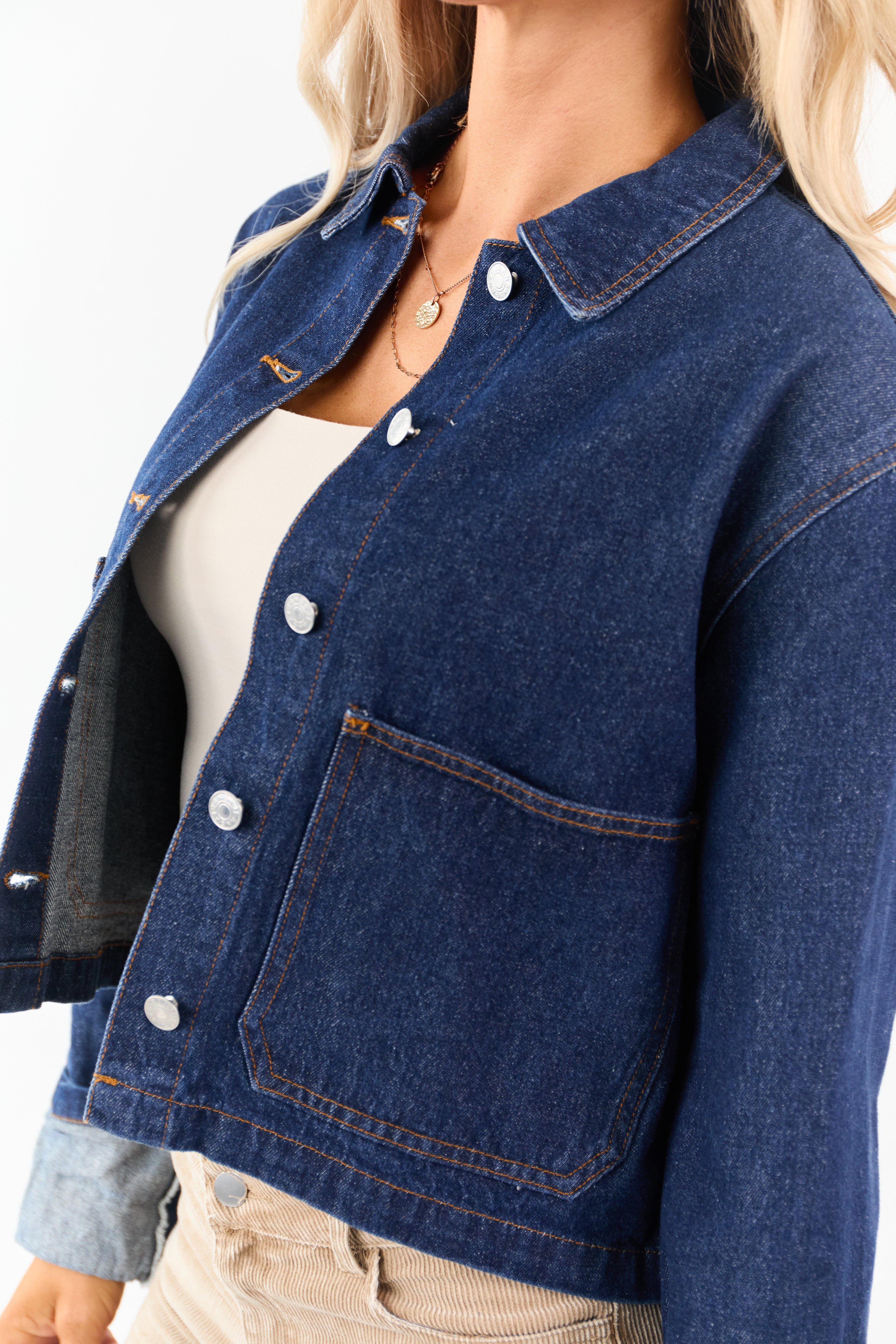 Dark Wash Slightly Cropped Denim Jacket | Lime Lush Boutique
