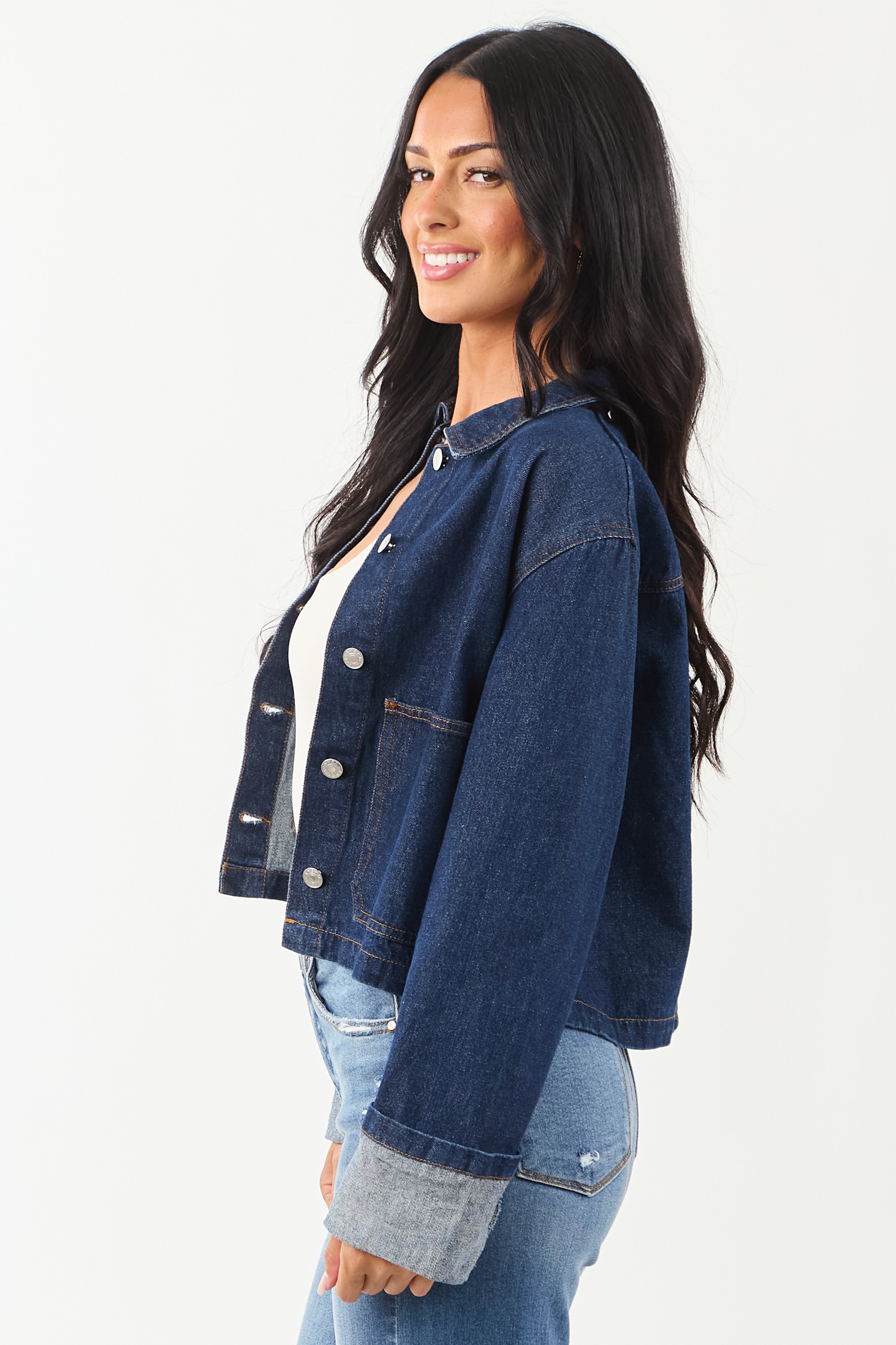 Dark Wash Slightly Cropped Denim Jacket