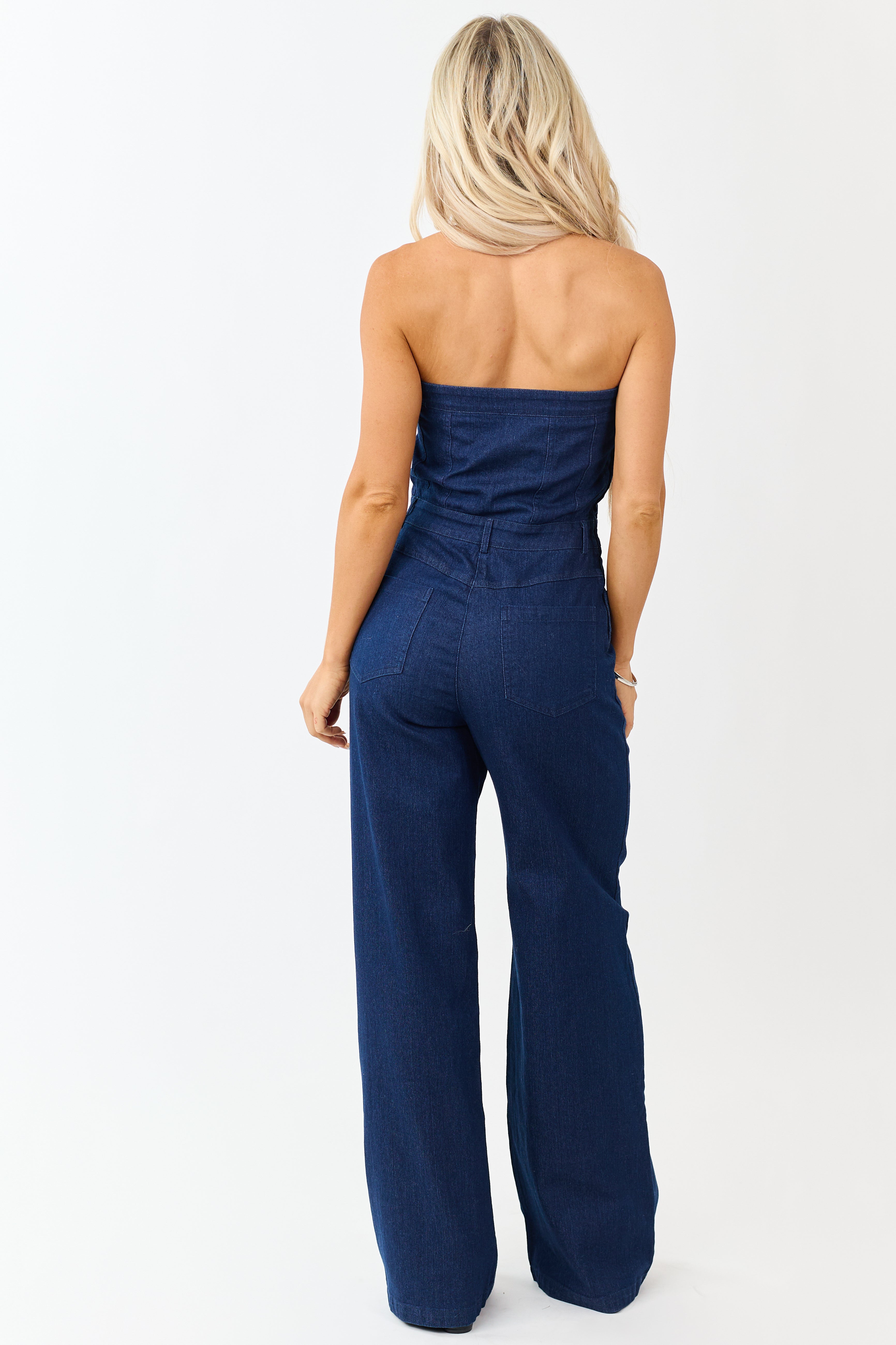 Dark Wash Stretchy Denim Strapless Jumpsuit