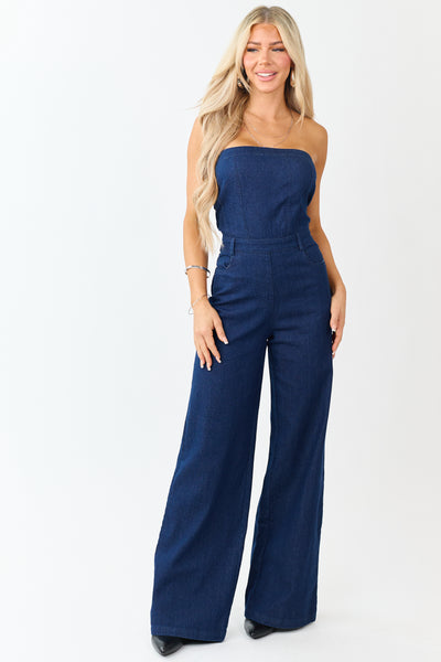 Dark Wash Stretchy Denim Strapless Jumpsuit