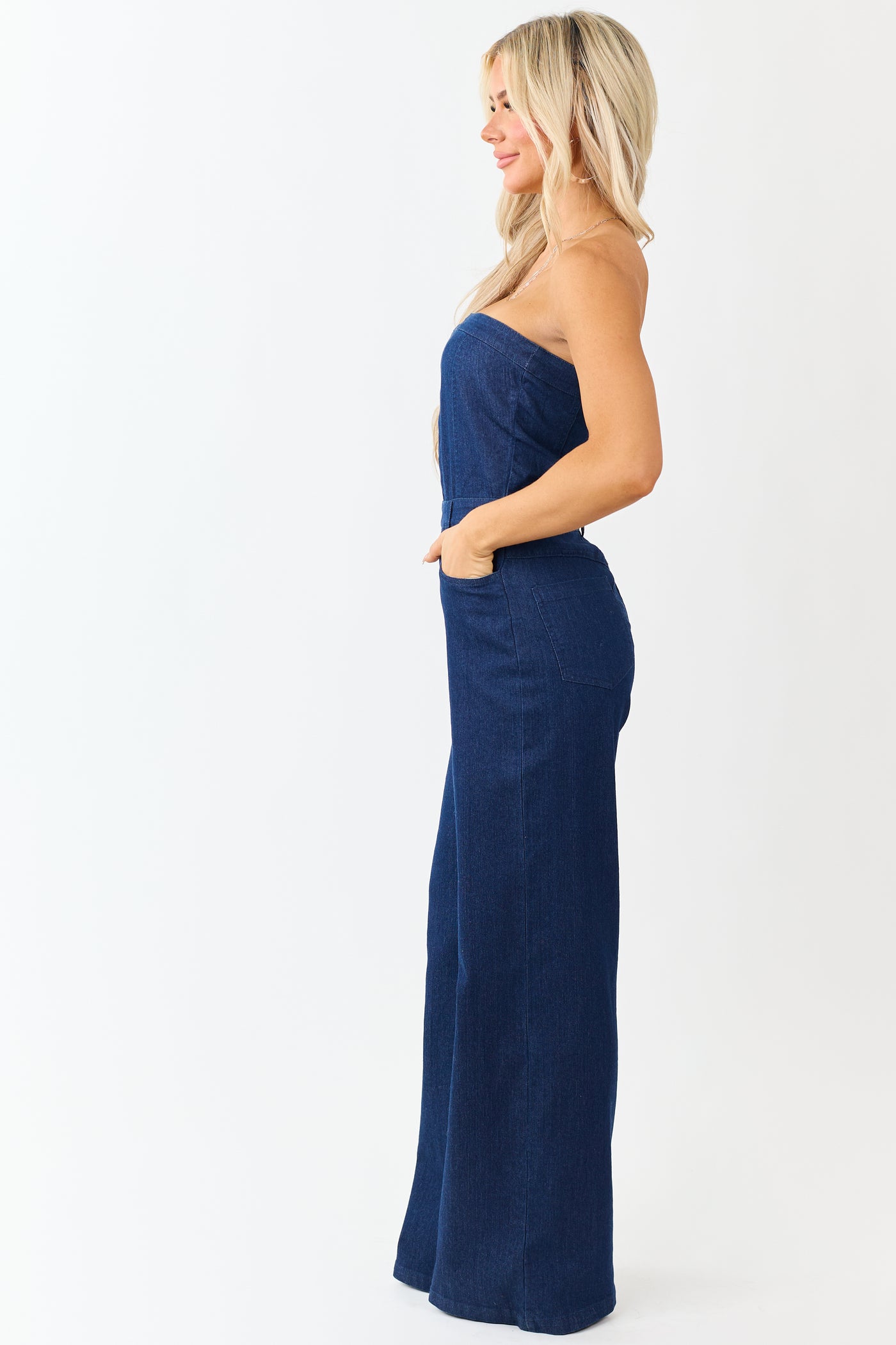 Dark Wash Stretchy Denim Strapless Jumpsuit