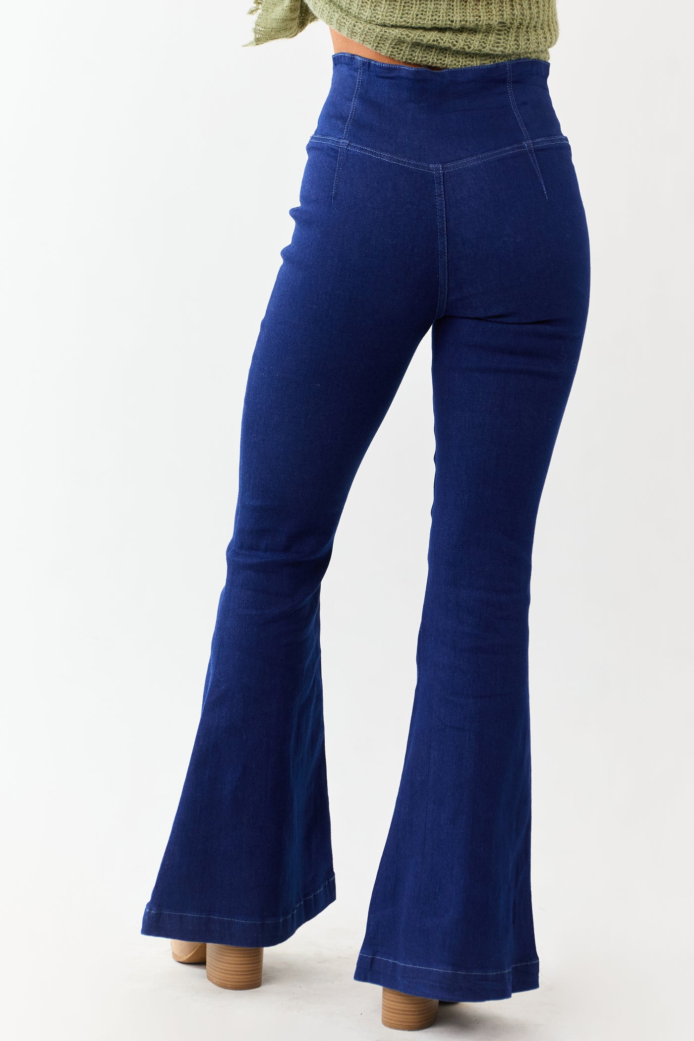 Dark Wash Stretchy V Wrap Waist Flare Jeans