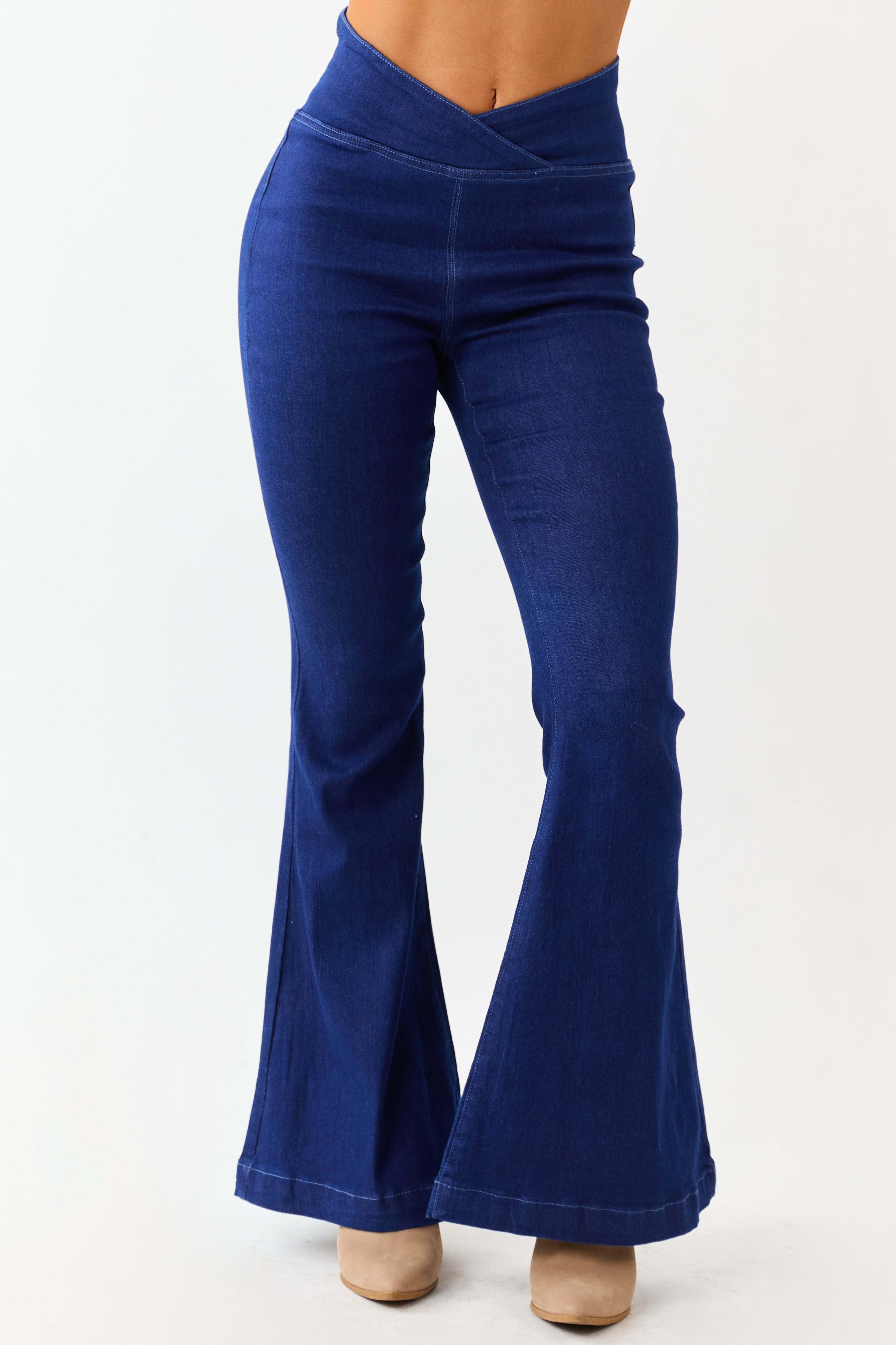 Dark Wash Stretchy V Wrap Waist Flare Jeans | Lime Lush Boutique