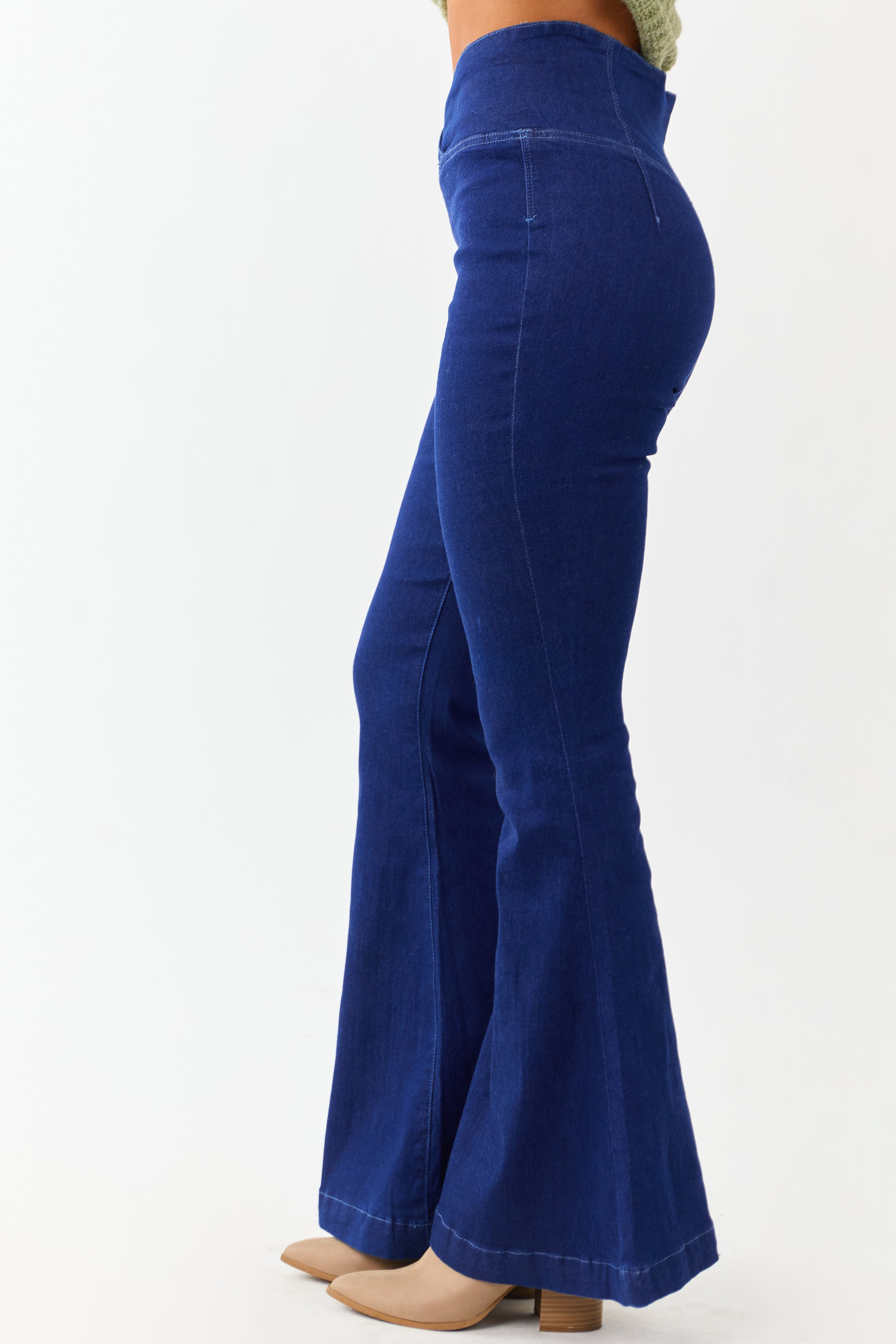 Dark Wash Stretchy V Wrap Waist Flare Jeans