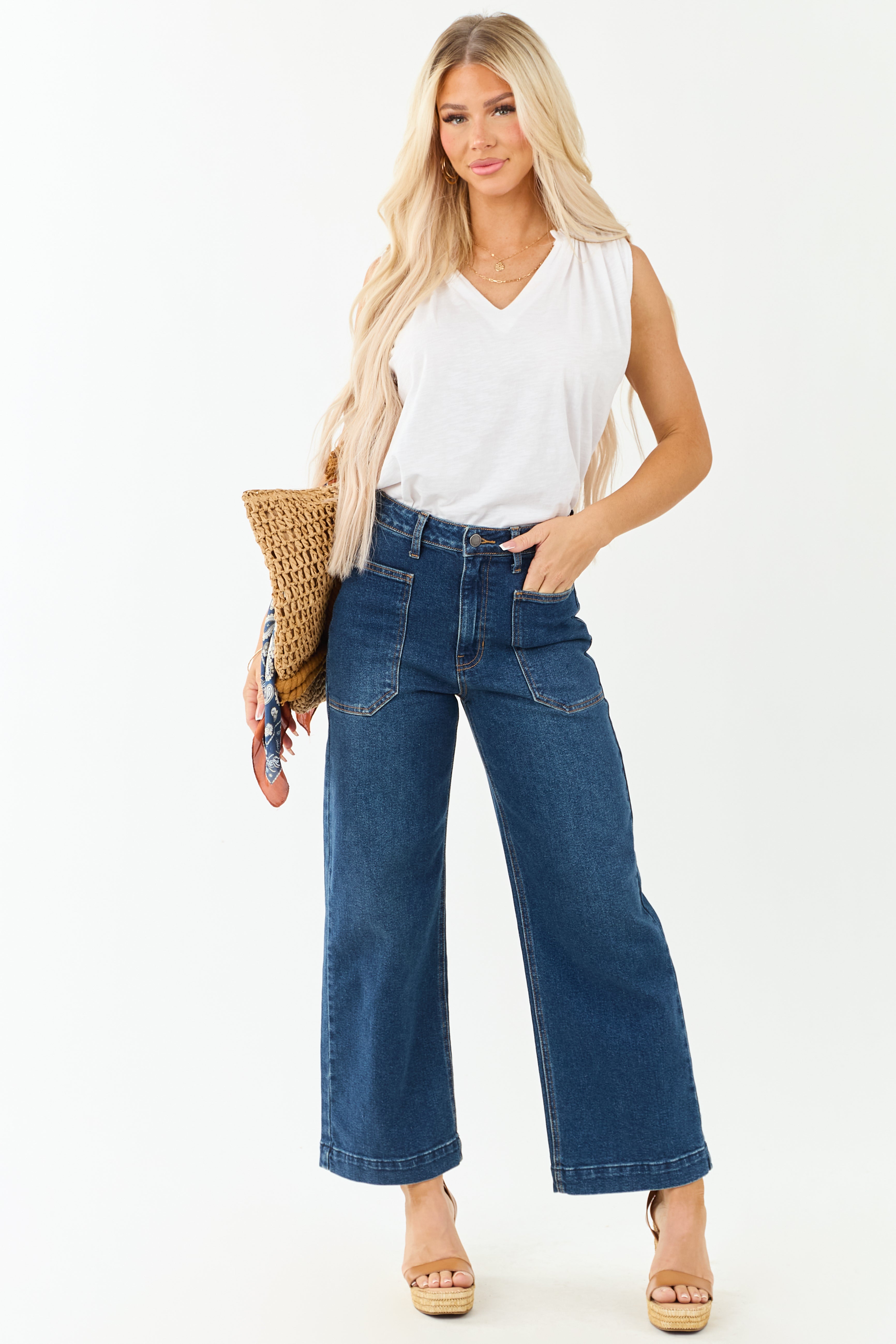 【LOOKPLE】Summer Washed Linen Semi-Wide Denim Pants★ Dark Wash Stretchy Wide Leg Utility Jeans | Lime Lush Boutique