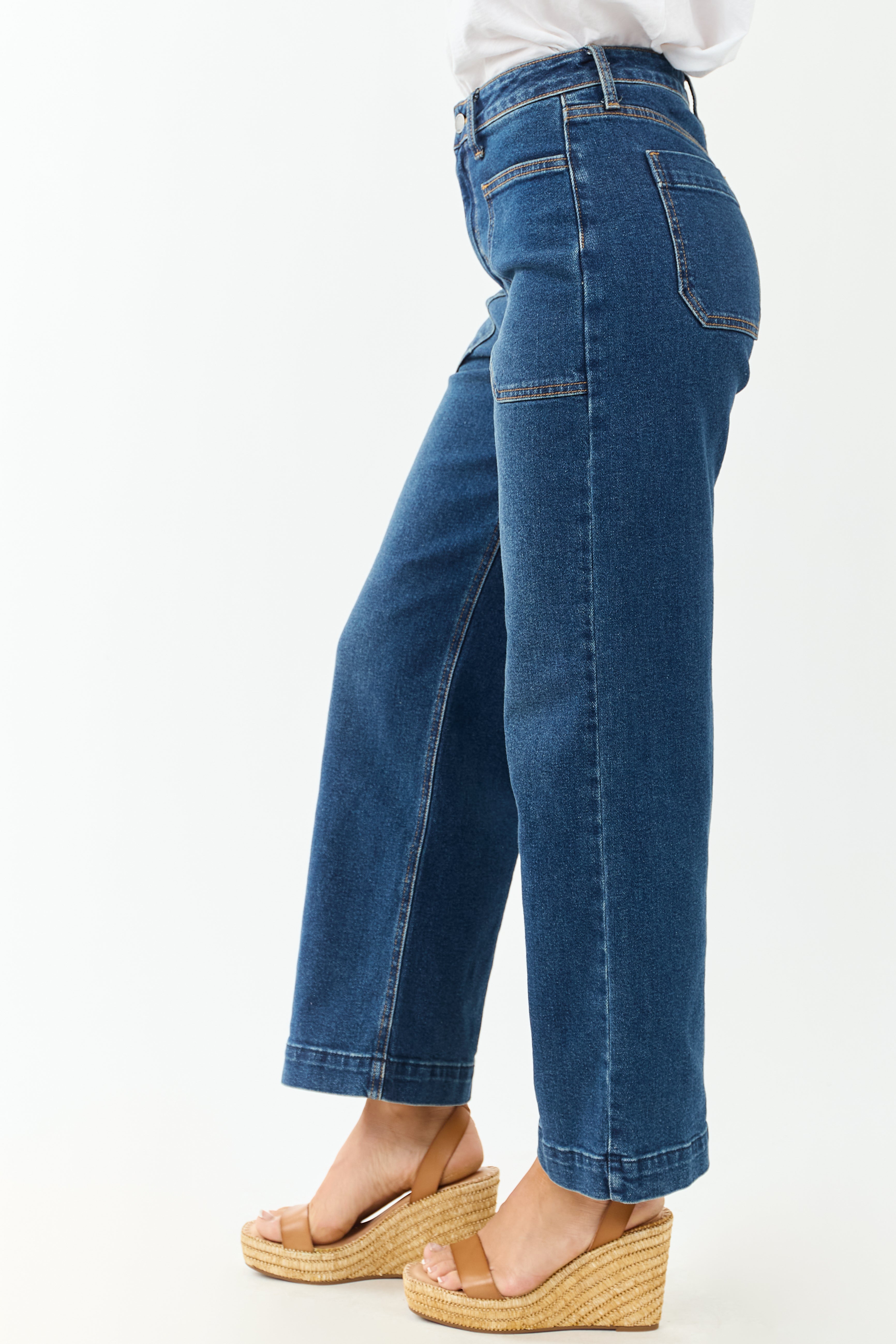 Dark Wash Stretchy Wide Leg Utility Jeans | Lime Lush Boutique