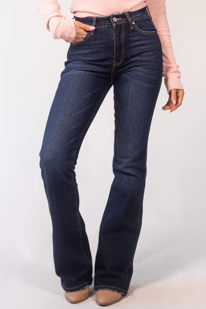 Dark Wash Whiskering Detail Flare Leg Jeans