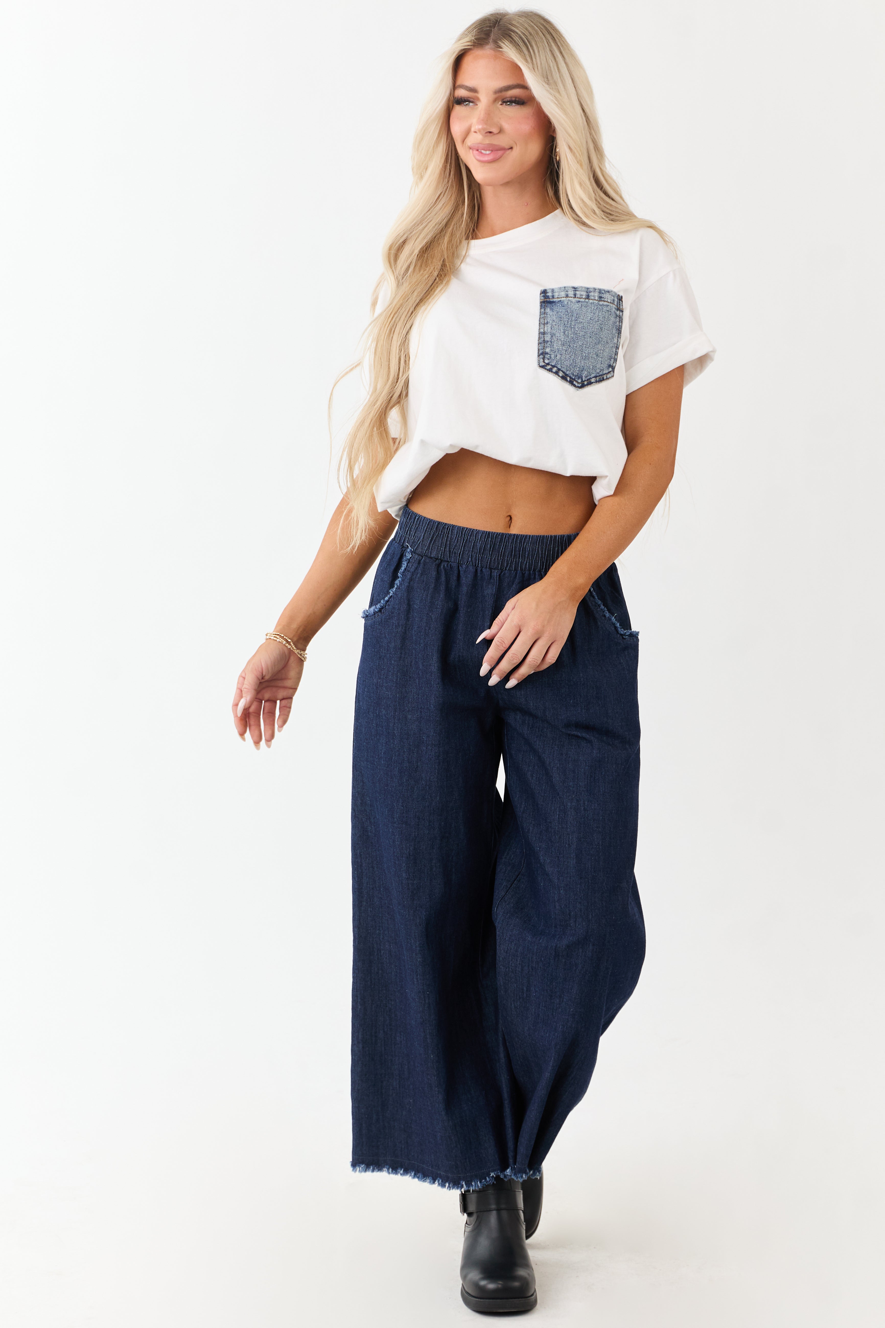 Dark Wash Wide Leg Cropped Chambray Pants