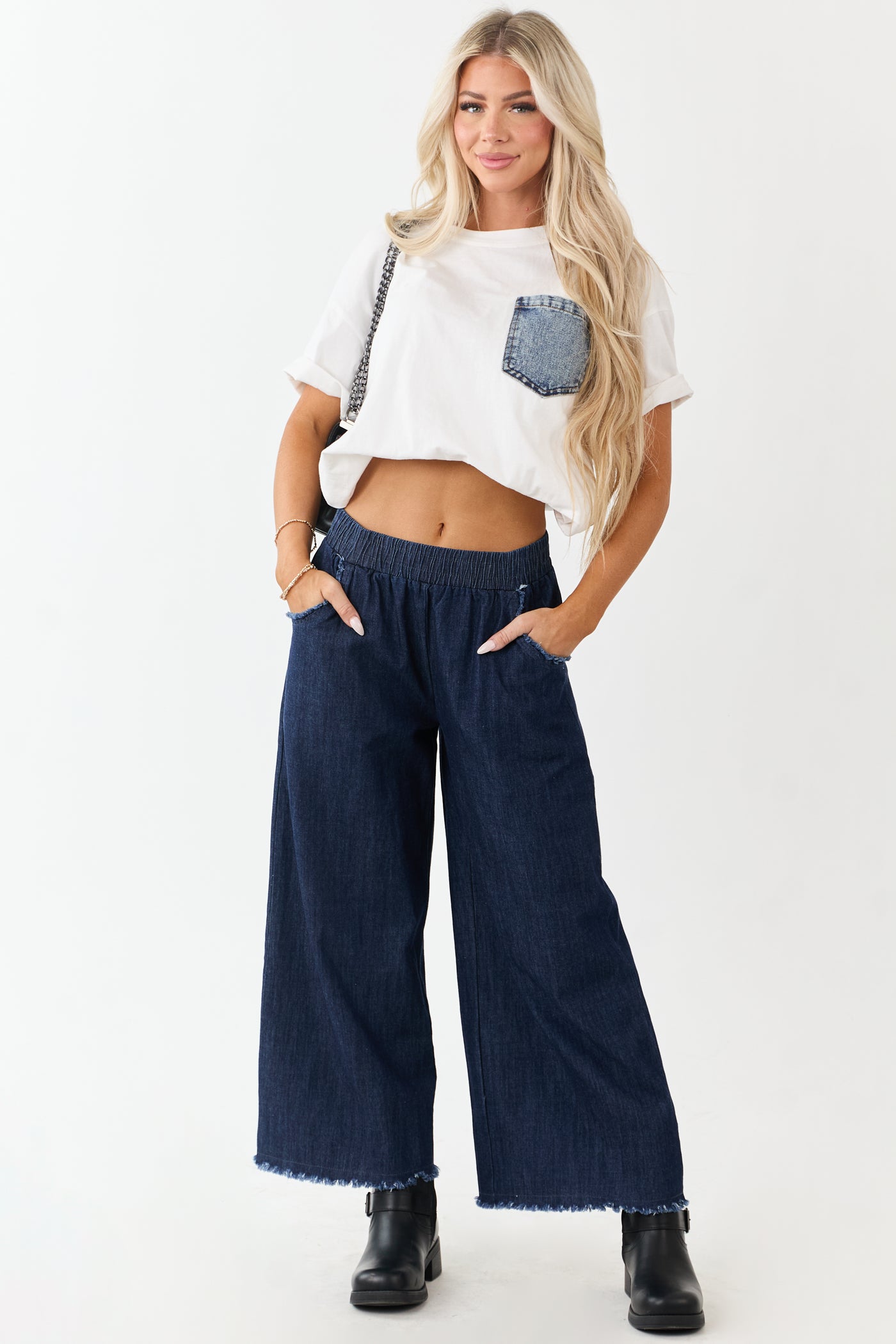 Dark Wash Wide Leg Cropped Chambray Pants