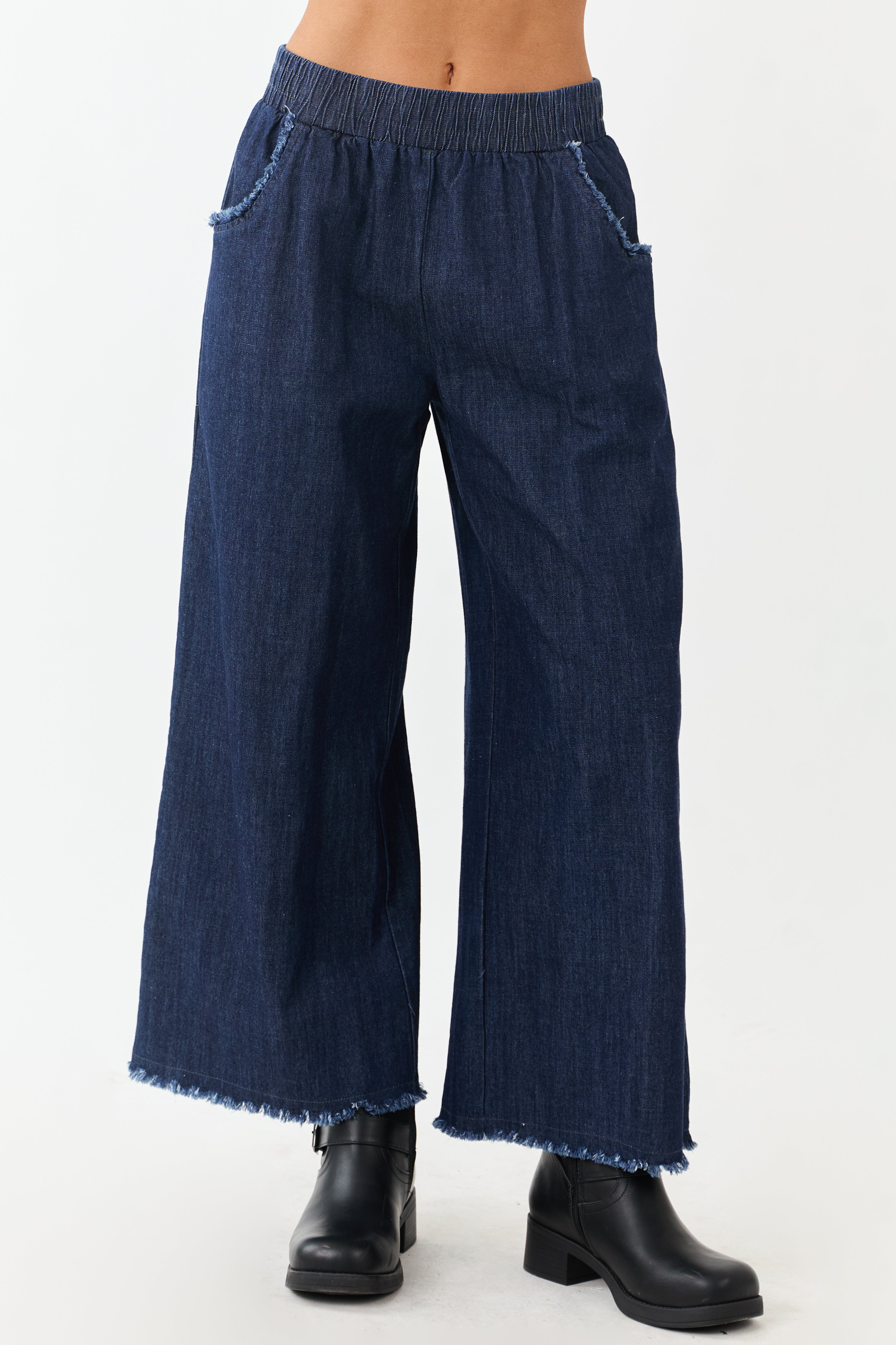 Dark Wash Wide Leg Cropped Chambray Pants