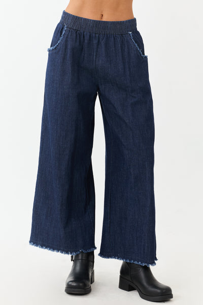 Dark Wash Wide Leg Cropped Chambray Pants
