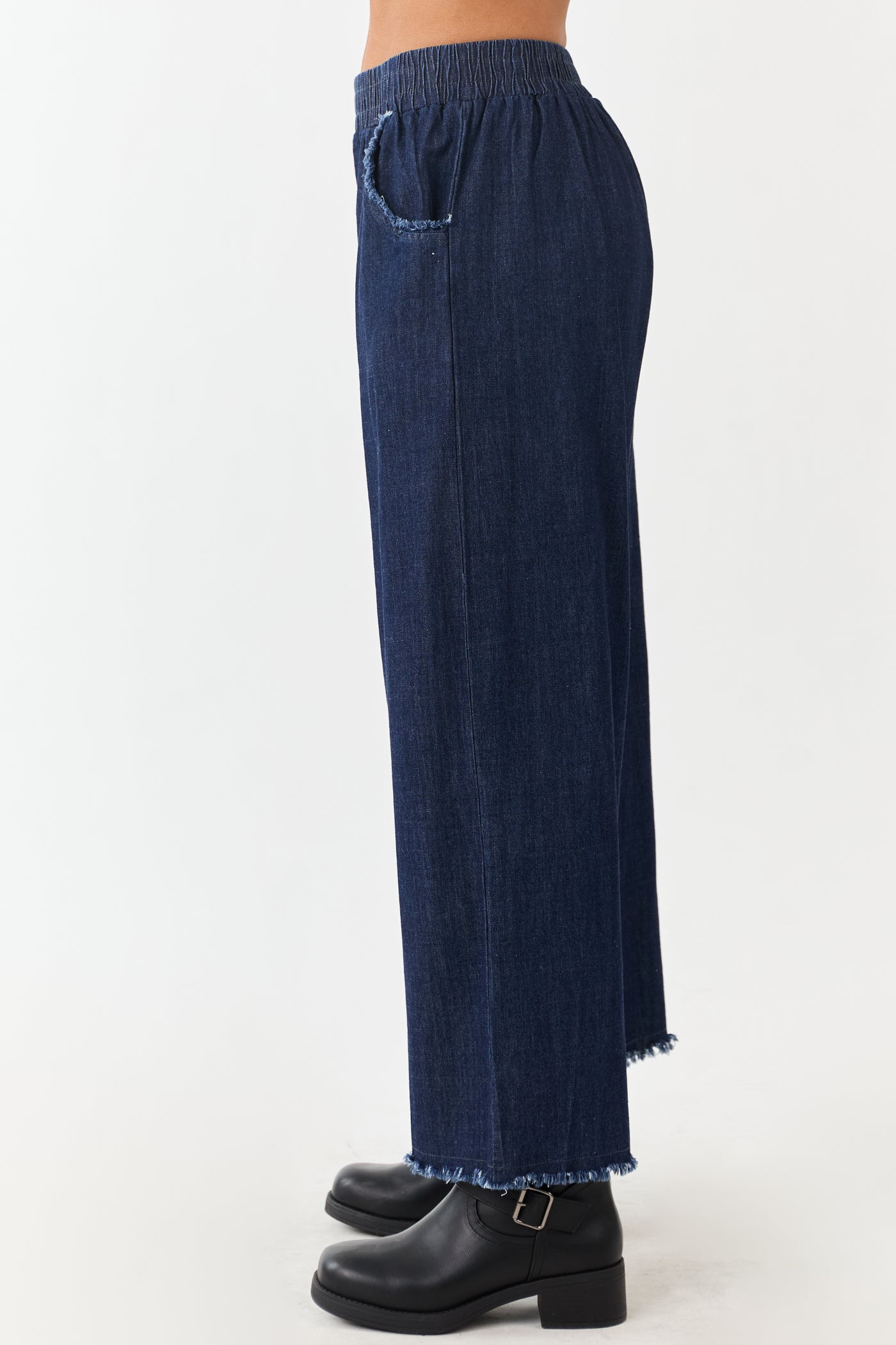 Dark Wash Wide Leg Cropped Chambray Pants