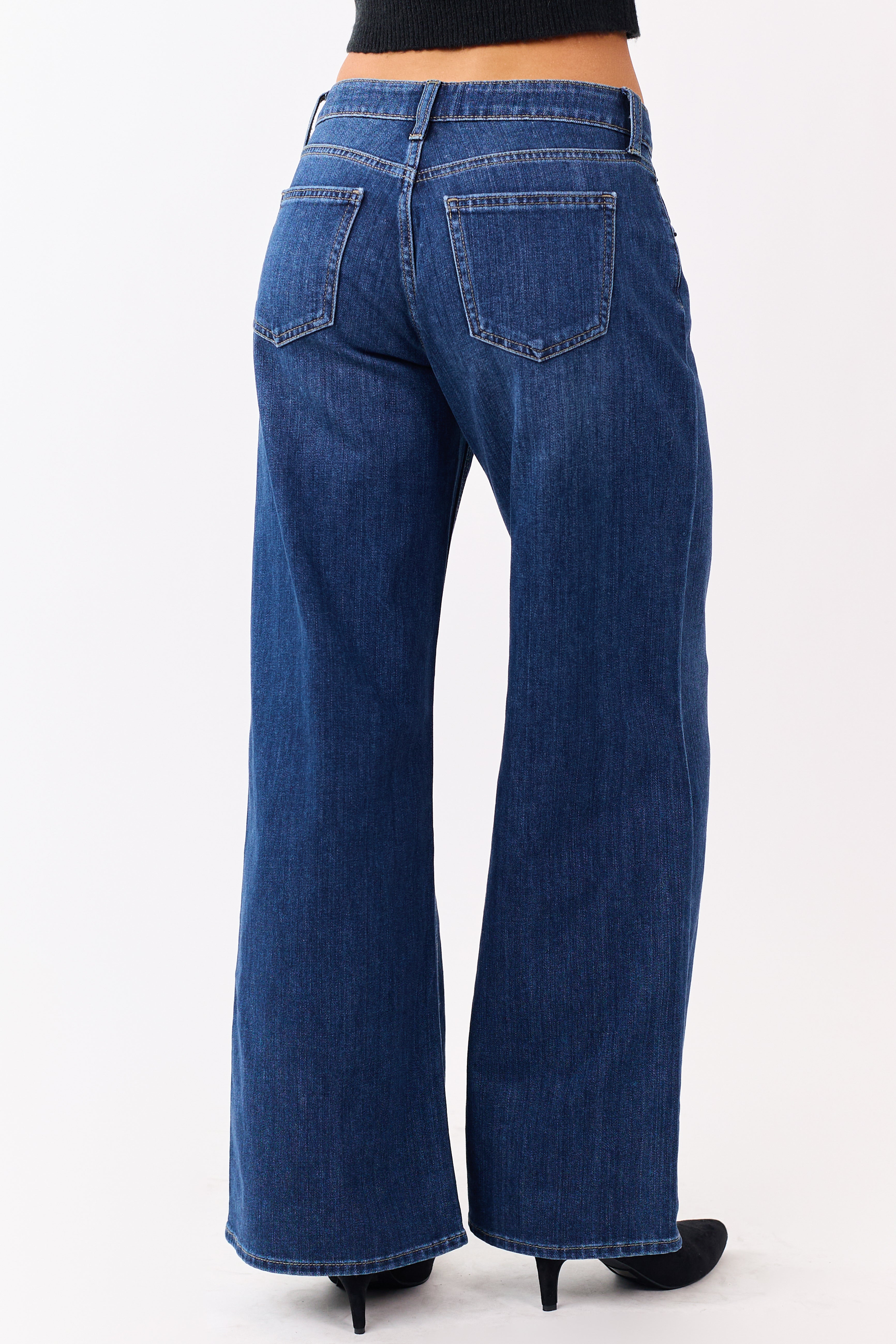 Dark Wash Wide Leg Mid Rise Jeans