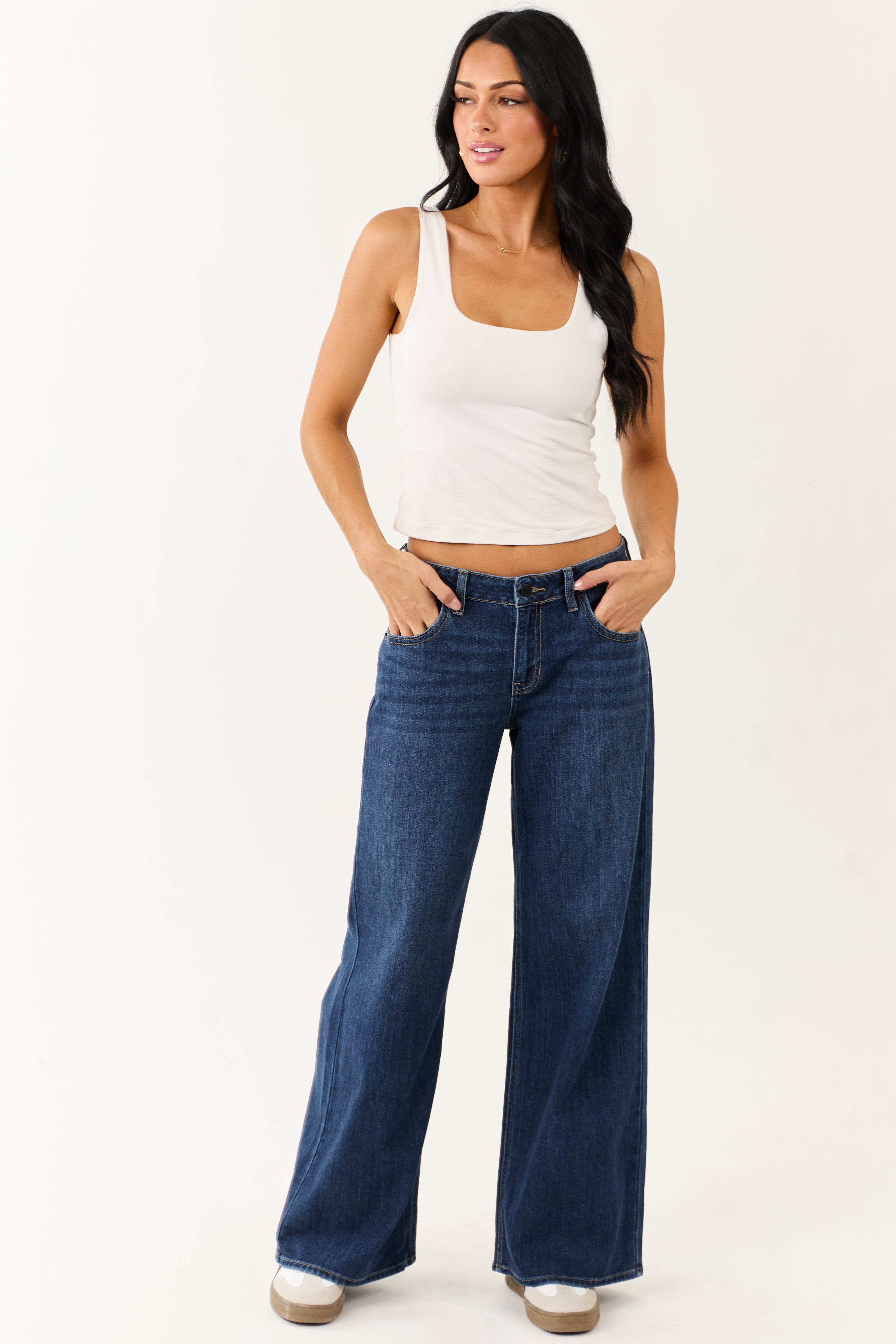Dark Wash Wide Leg Mid Rise Jeans