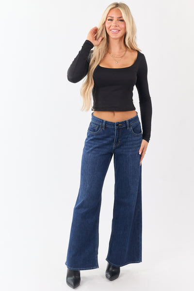 Dark Wash Wide Leg Mid Rise Jeans