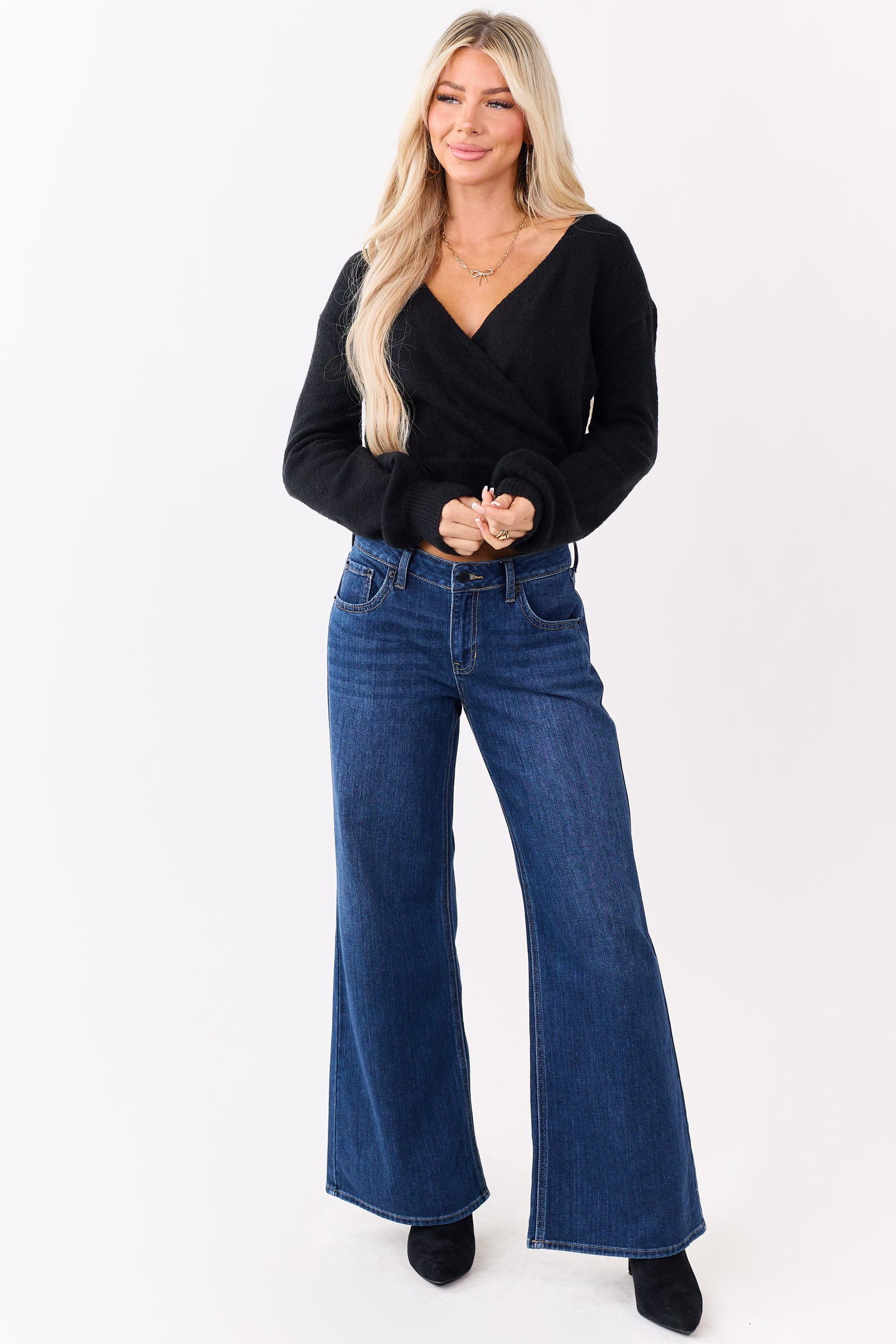 Dark Wash Wide Leg Mid Rise Jeans