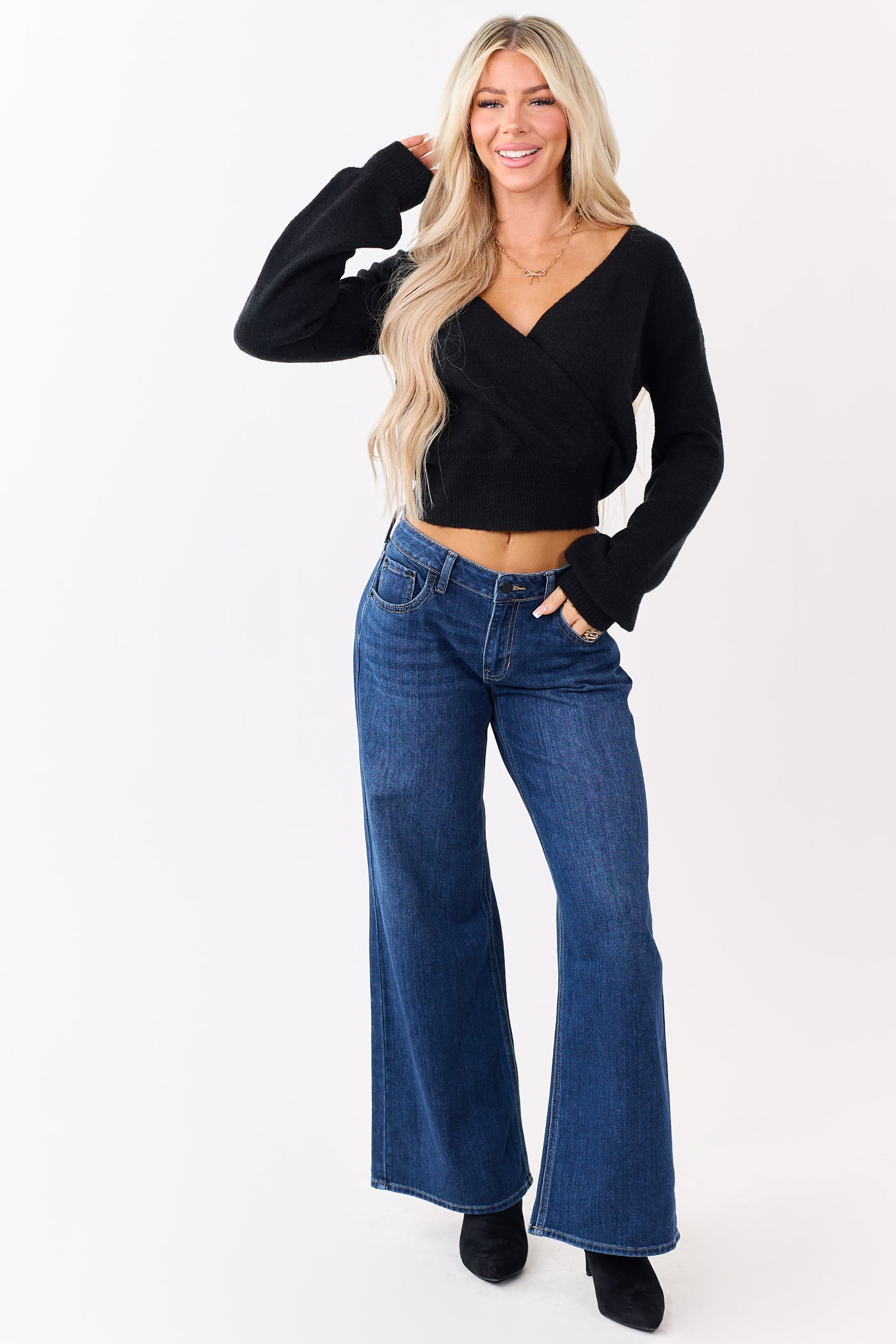 Dark Wash Wide Leg Mid Rise Jeans