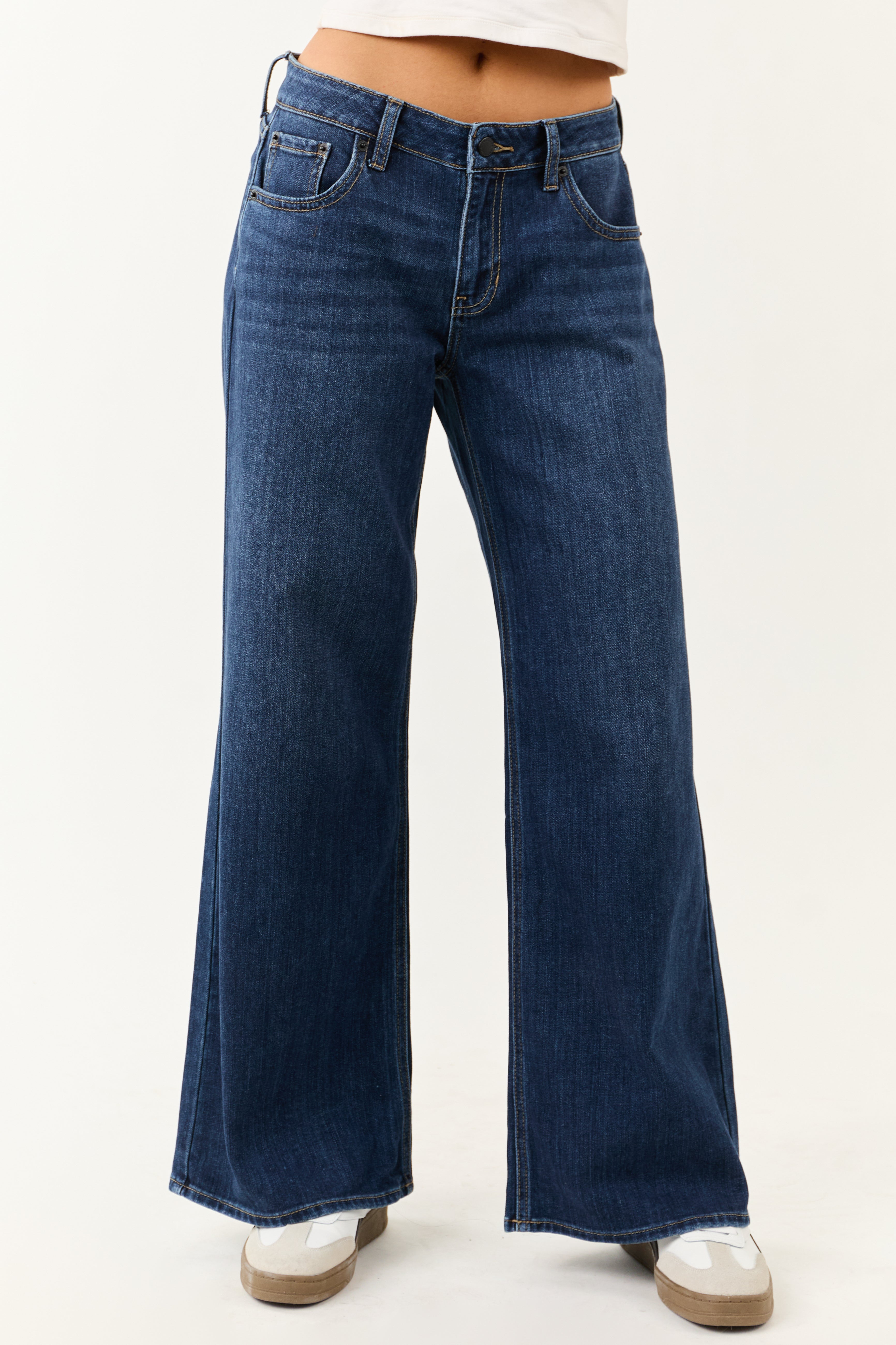 Dark Wash Wide Leg Mid Rise Jeans
