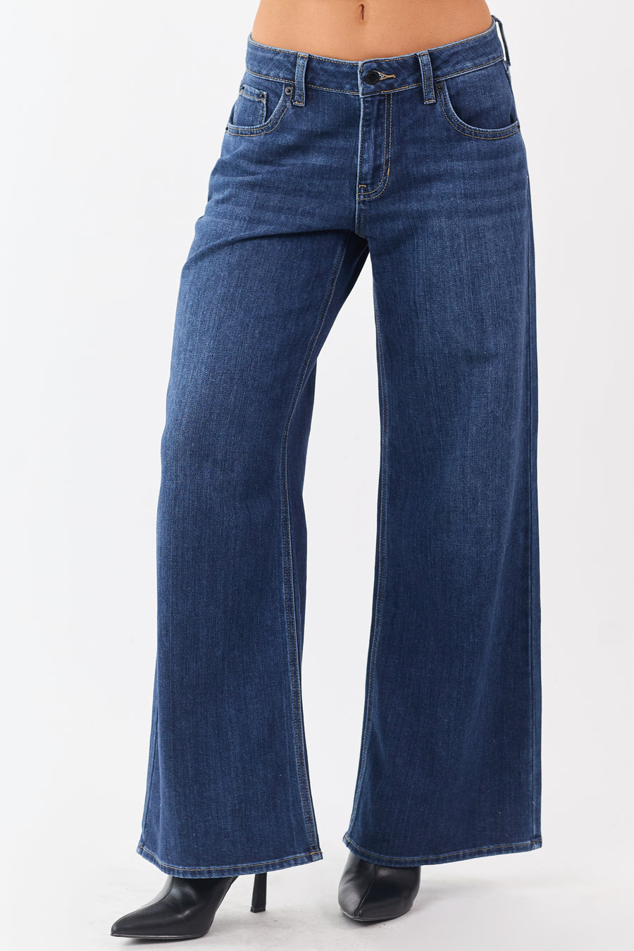 Dark Wash Wide Leg Mid Rise Jeans