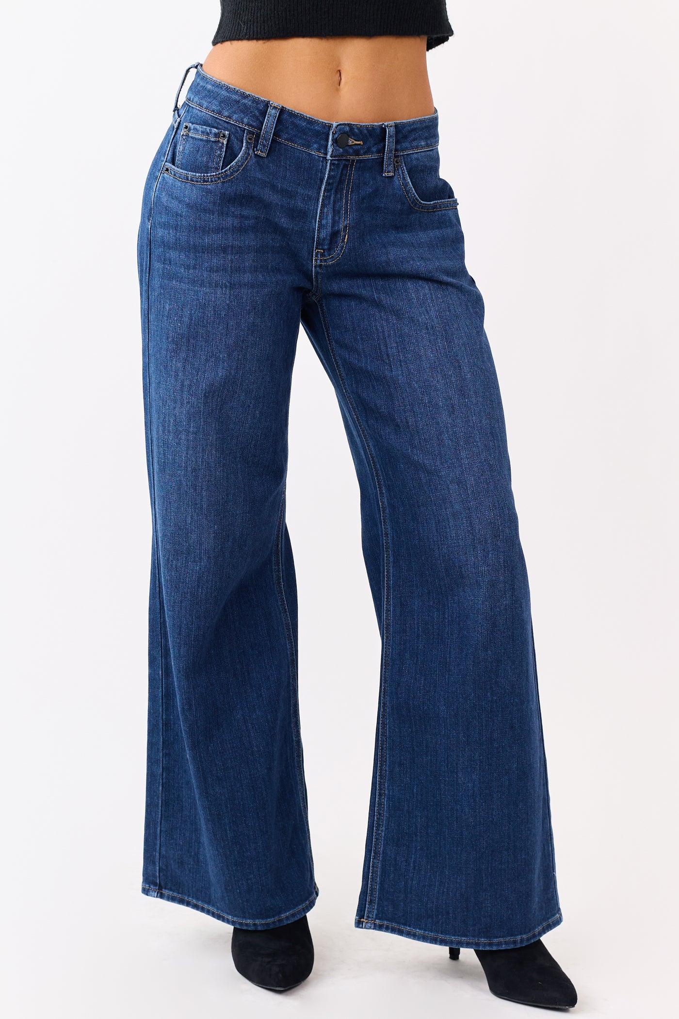 Dark Wash Wide Leg Mid Rise Jeans