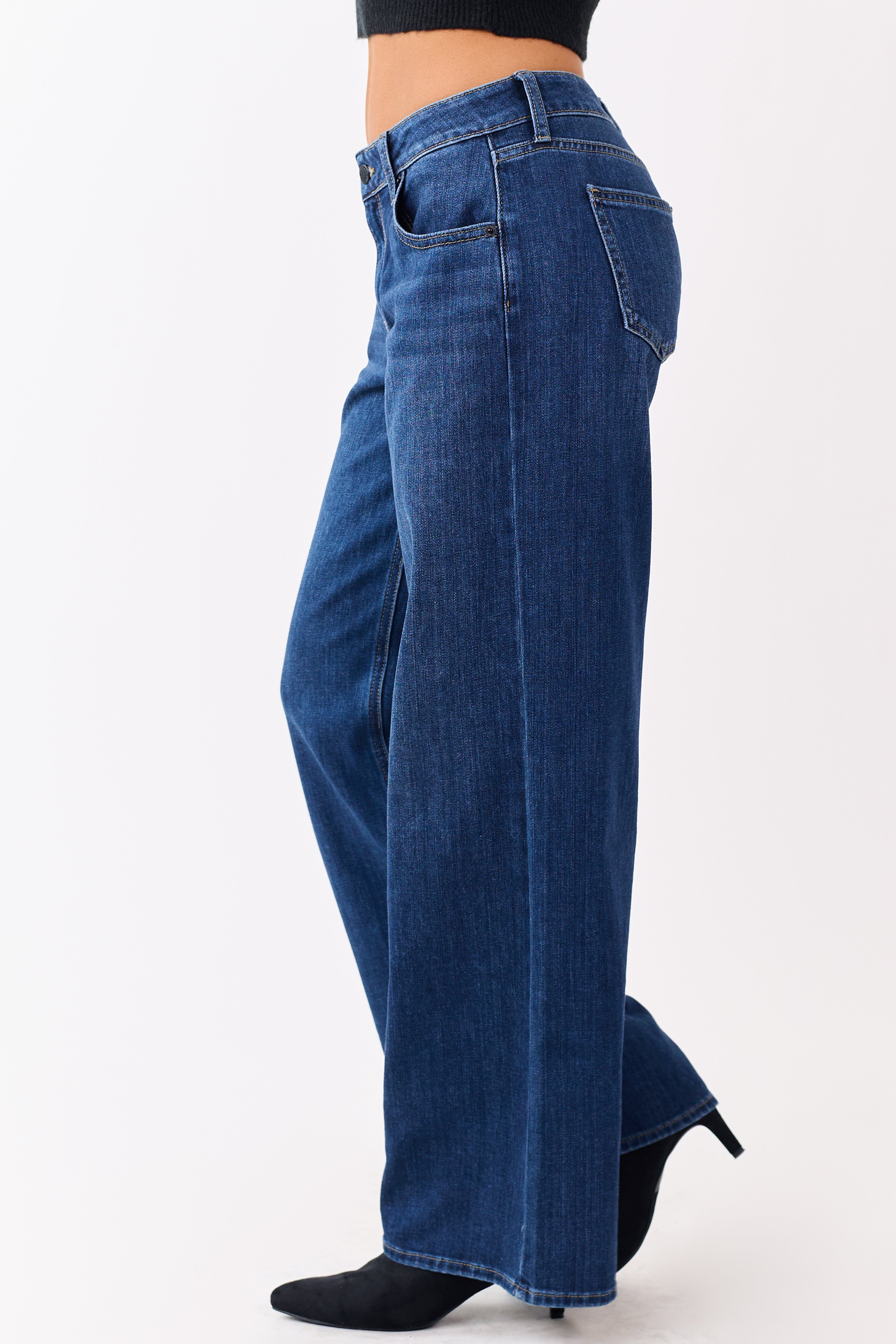 Dark Wash Wide Leg Mid Rise Jeans