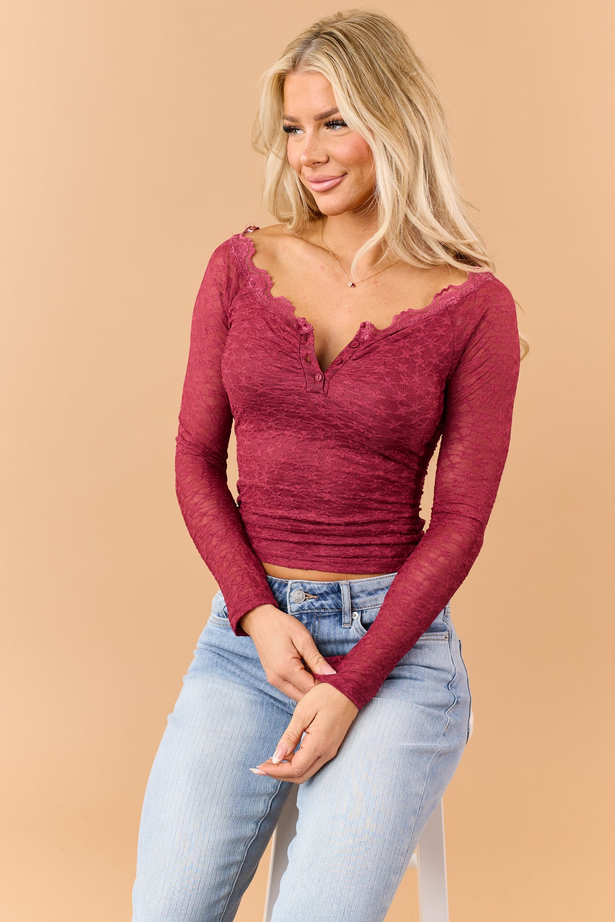Dark Wine Floral Lace Henley Long Sleeve Top