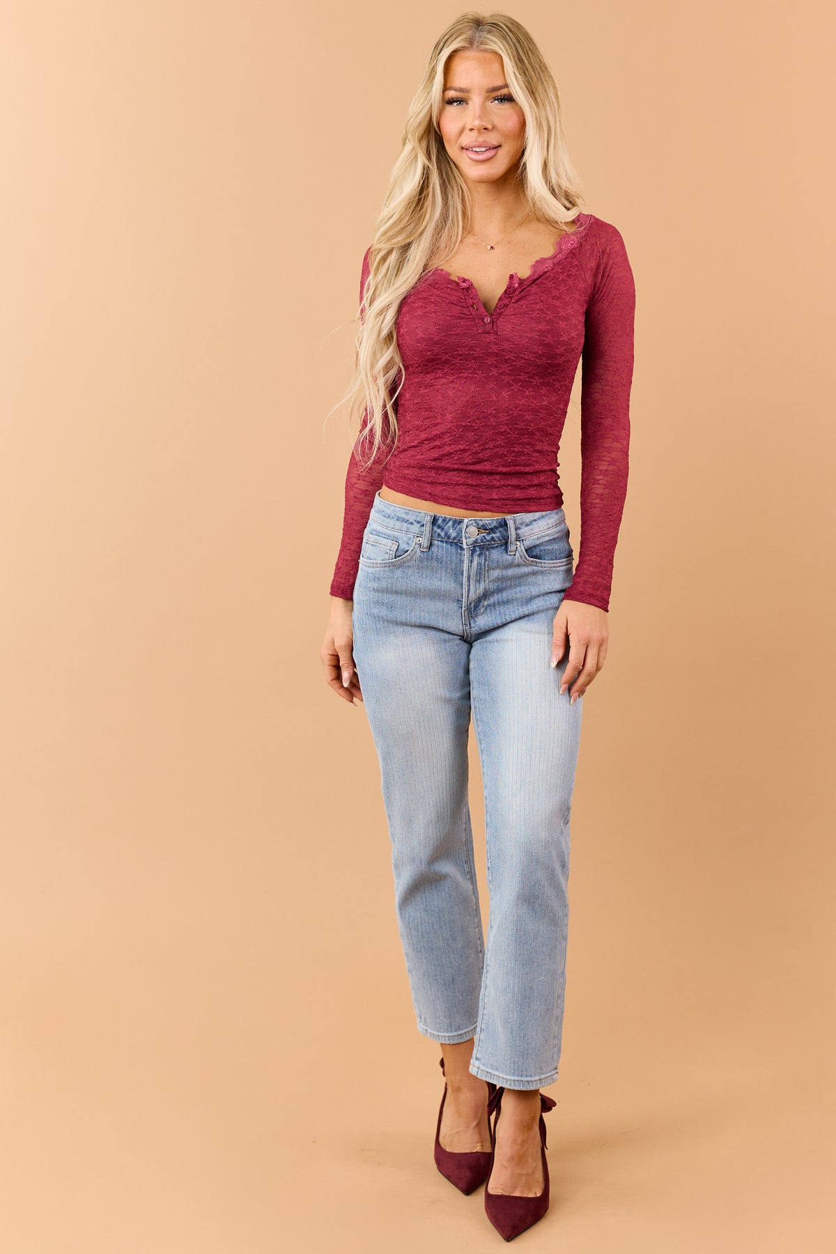 Dark Wine Floral Lace Henley Long Sleeve Top