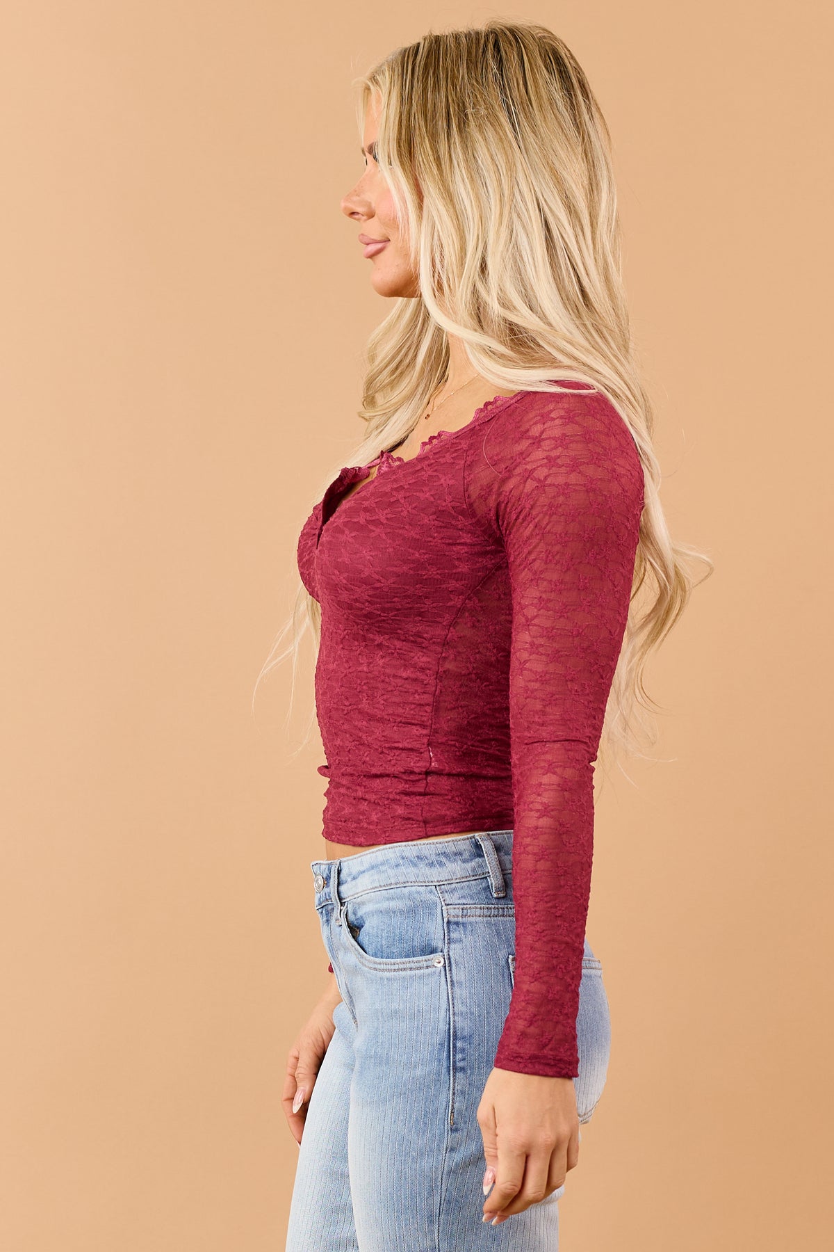 Dark Wine Floral Lace Henley Long Sleeve Top