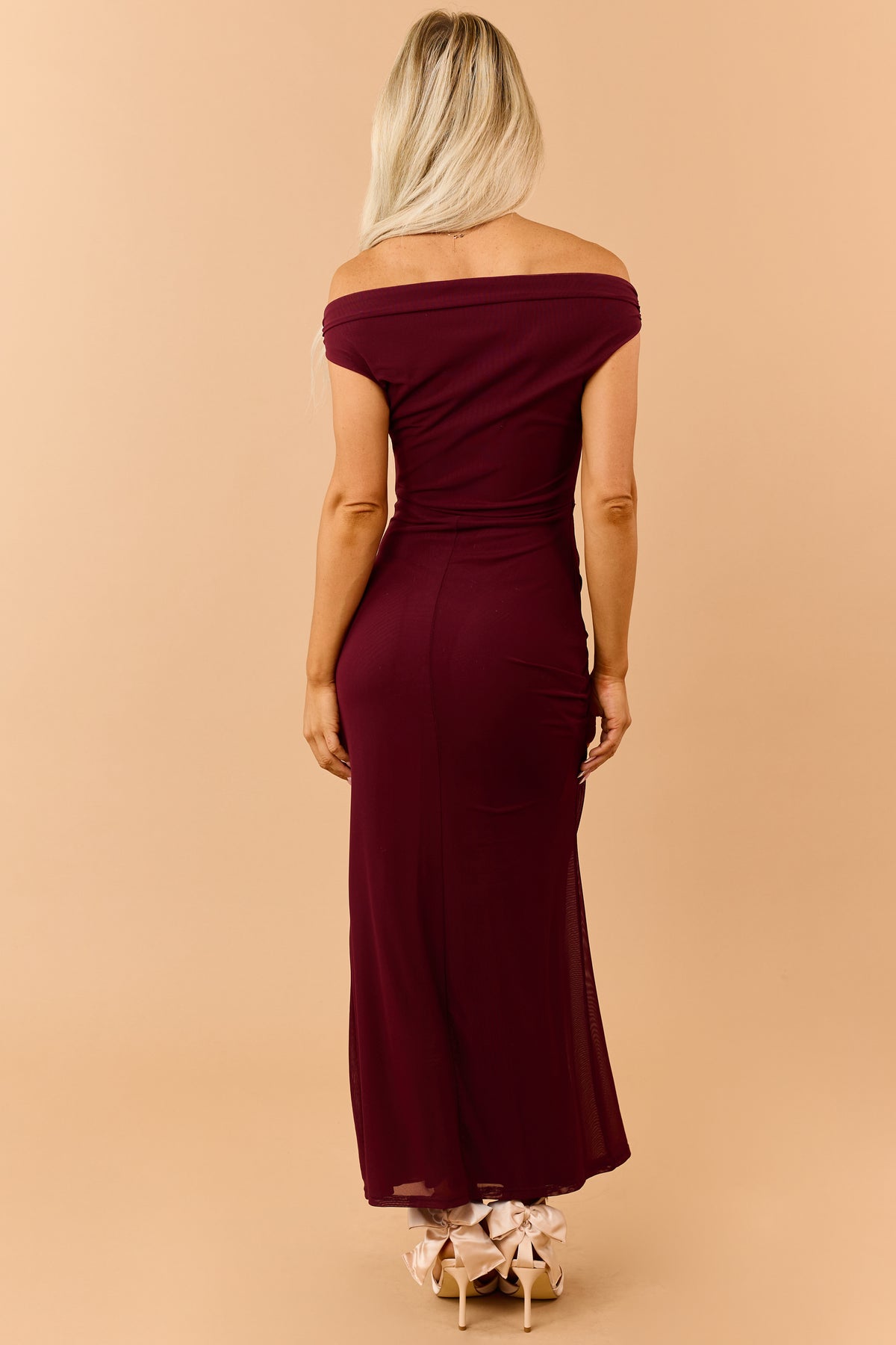 Dark Wine Mesh Gold Shell Accent Maxi Dress