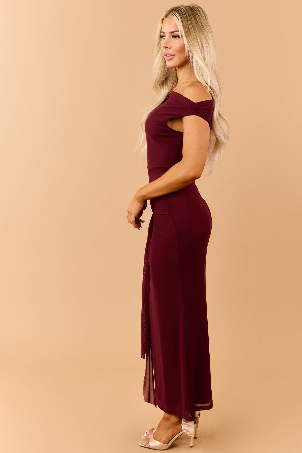 Dark Wine Mesh Gold Shell Accent Maxi Dress