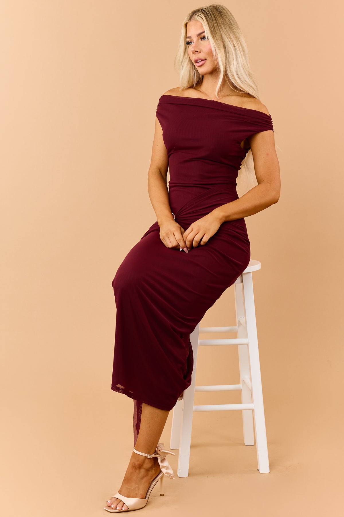 Dark Wine Mesh Gold Shell Accent Maxi Dress