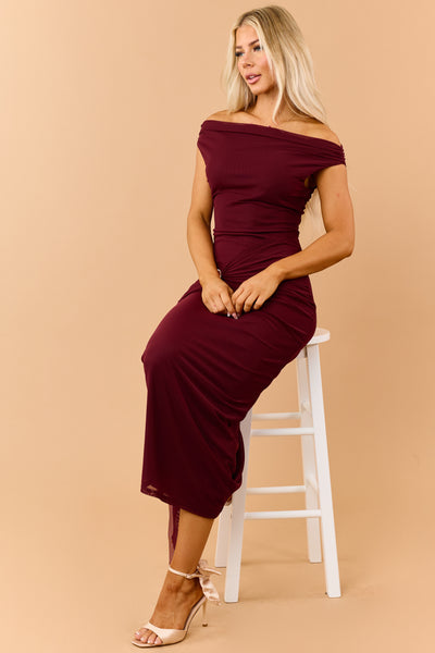 Dark Wine Mesh Gold Shell Accent Maxi Dress